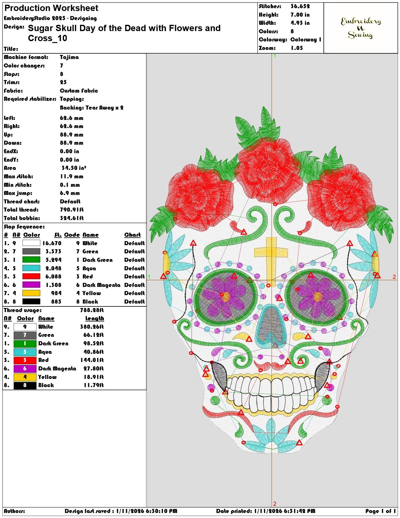 Sugar Skull Day of the Dead with Flowers and Cross  - Elegant embroidery design file - instant download — view 3