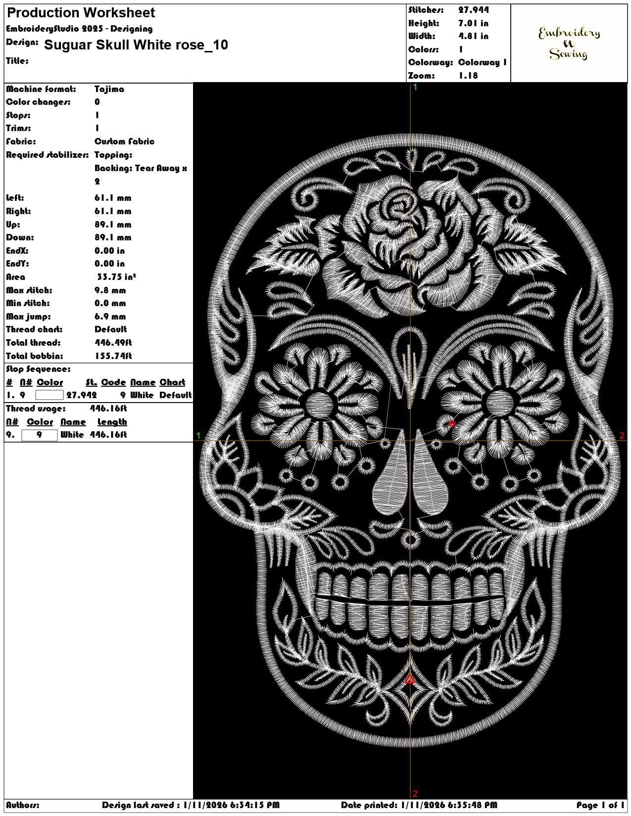 Suguar Skull White rose  - Elegant embroidery design file - instant download — view 3