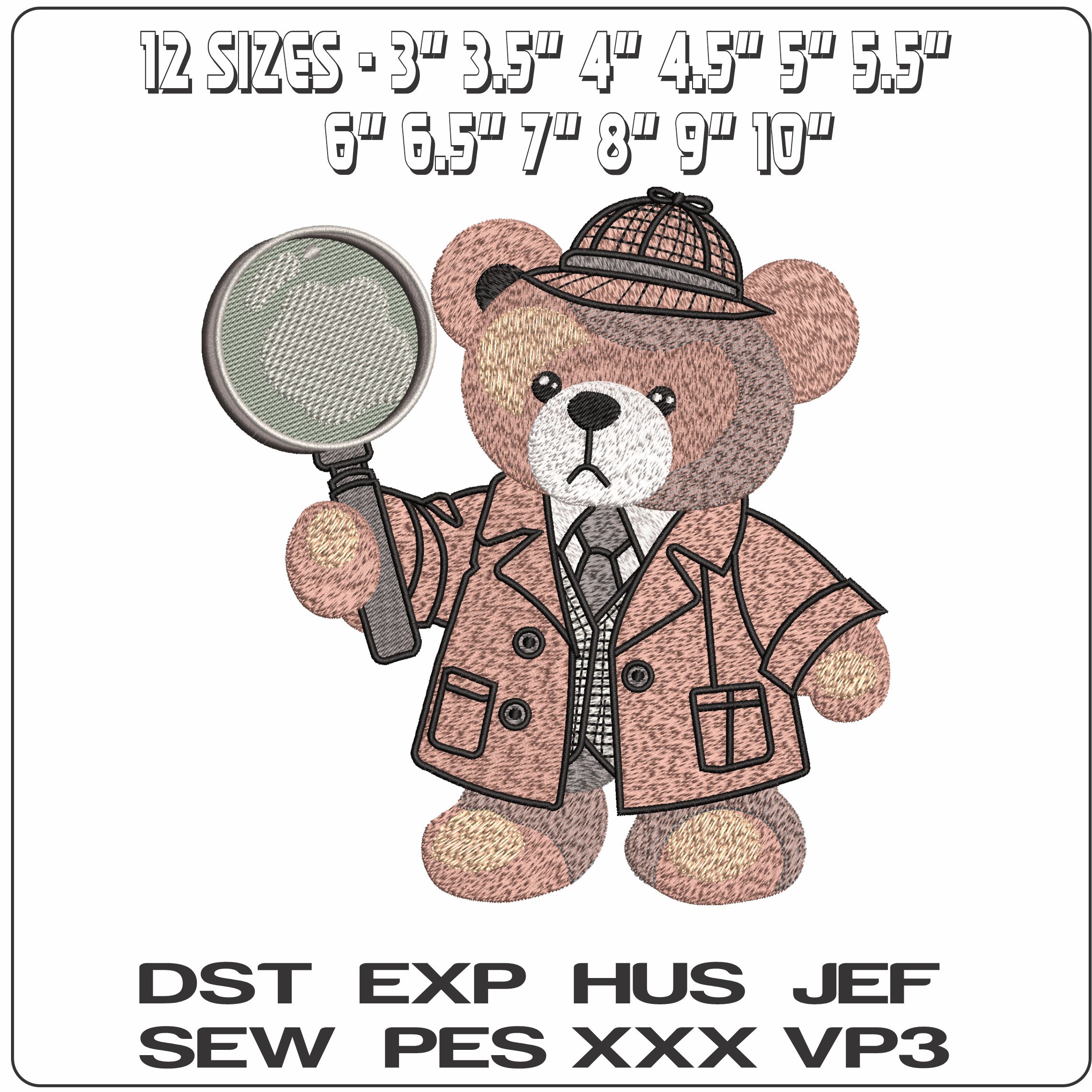 Teddy Bear Detective  - Elegant embroidery design file - instant download — view 2