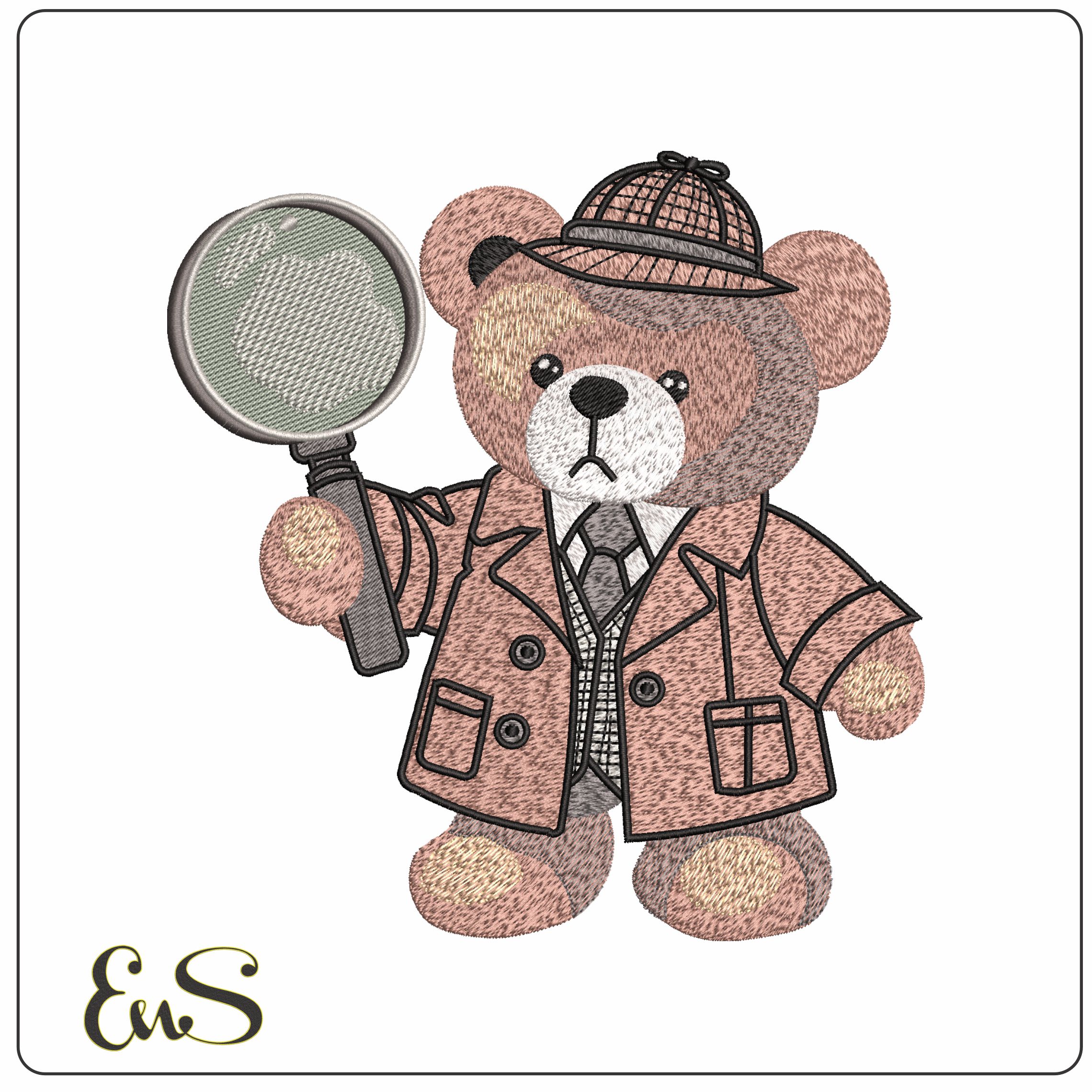 Teddy Bear Detective  - Elegant embroidery design file - instant download