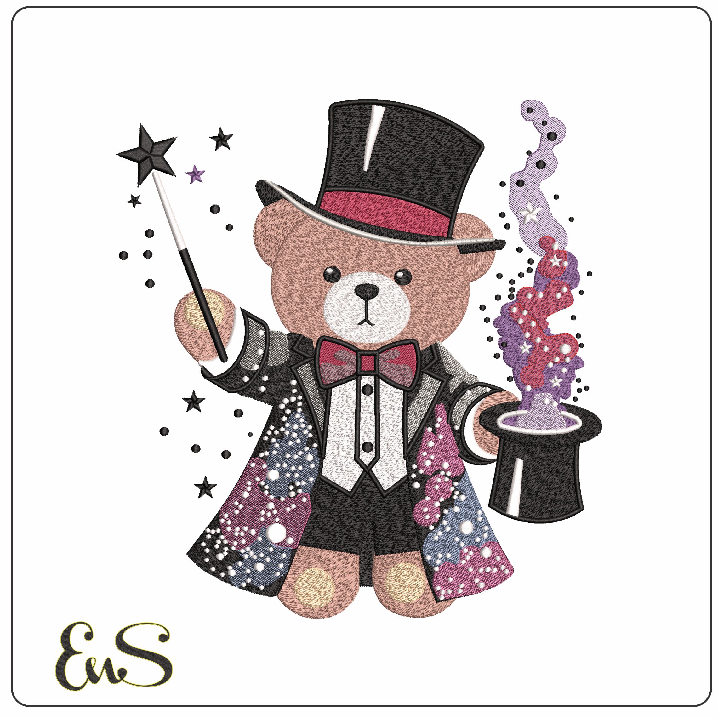 Teddy Bear Magician  - Elegant embroidery design file - instant download