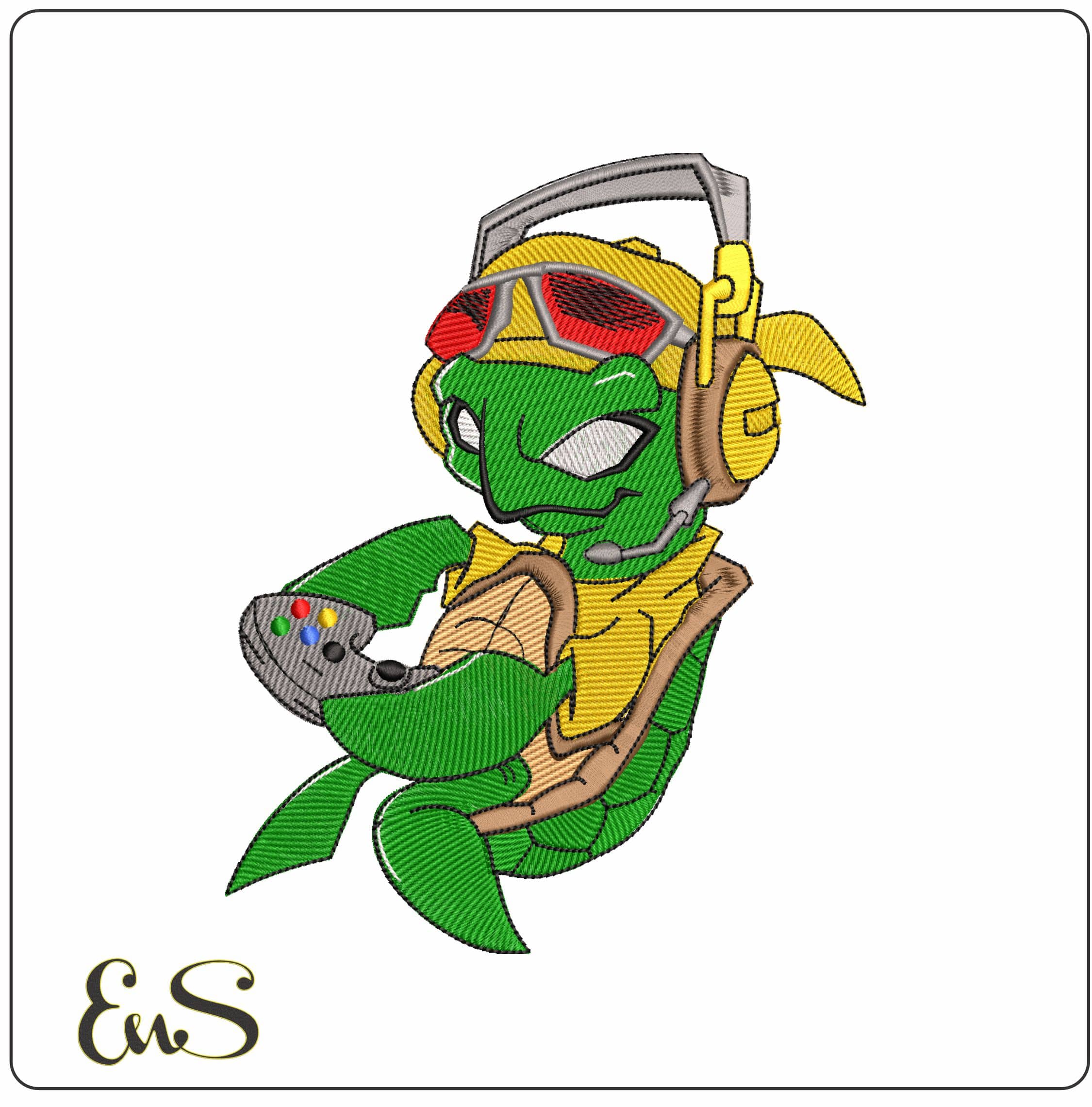 Turtle Gamer  - Elegant embroidery design file - instant download