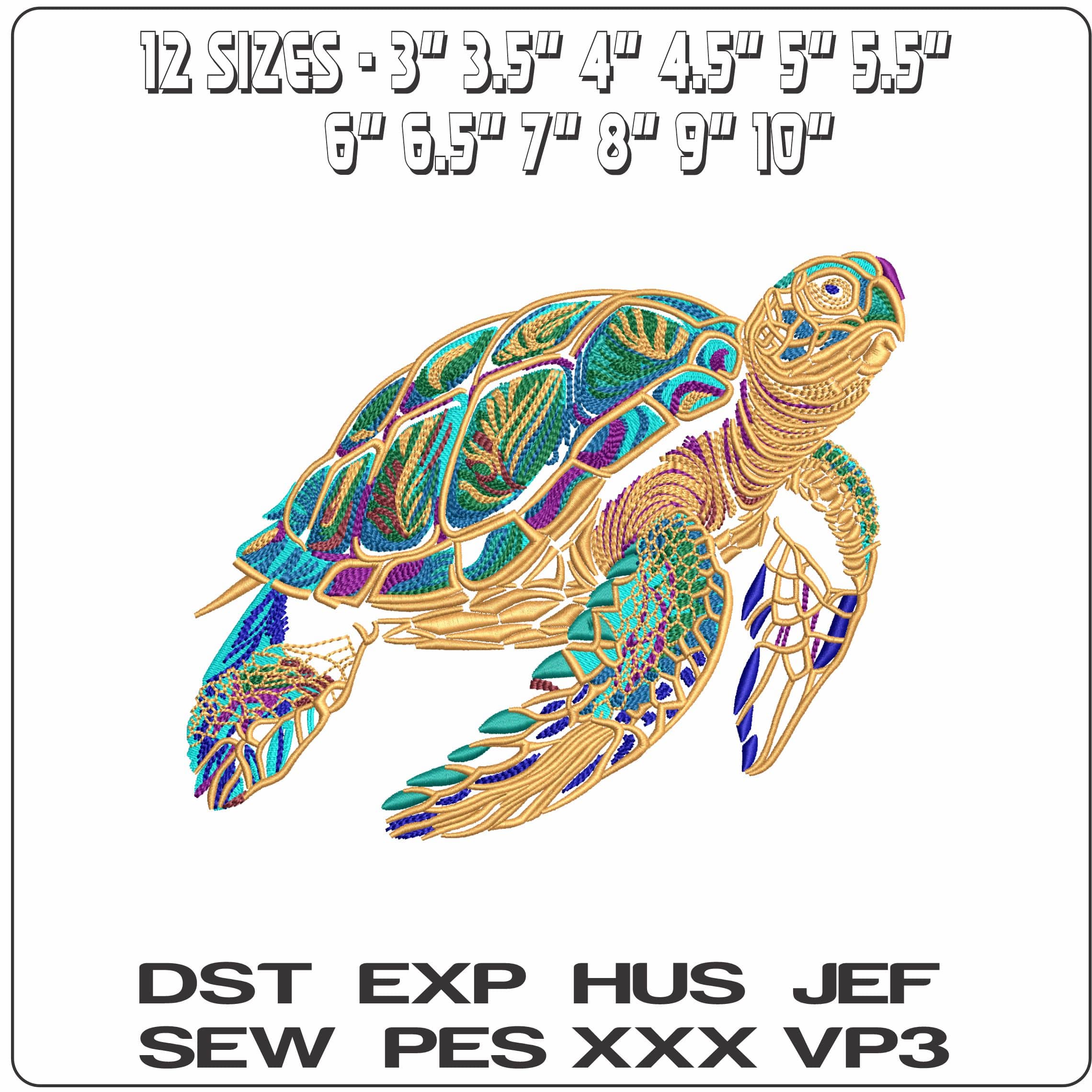 Turtle gluiding through sea  - Elegant embroidery design file - instant download — view 2
