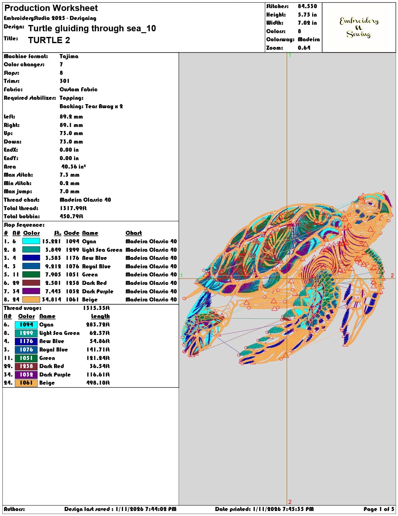Turtle gluiding through sea  - Elegant embroidery design file - instant download — view 3