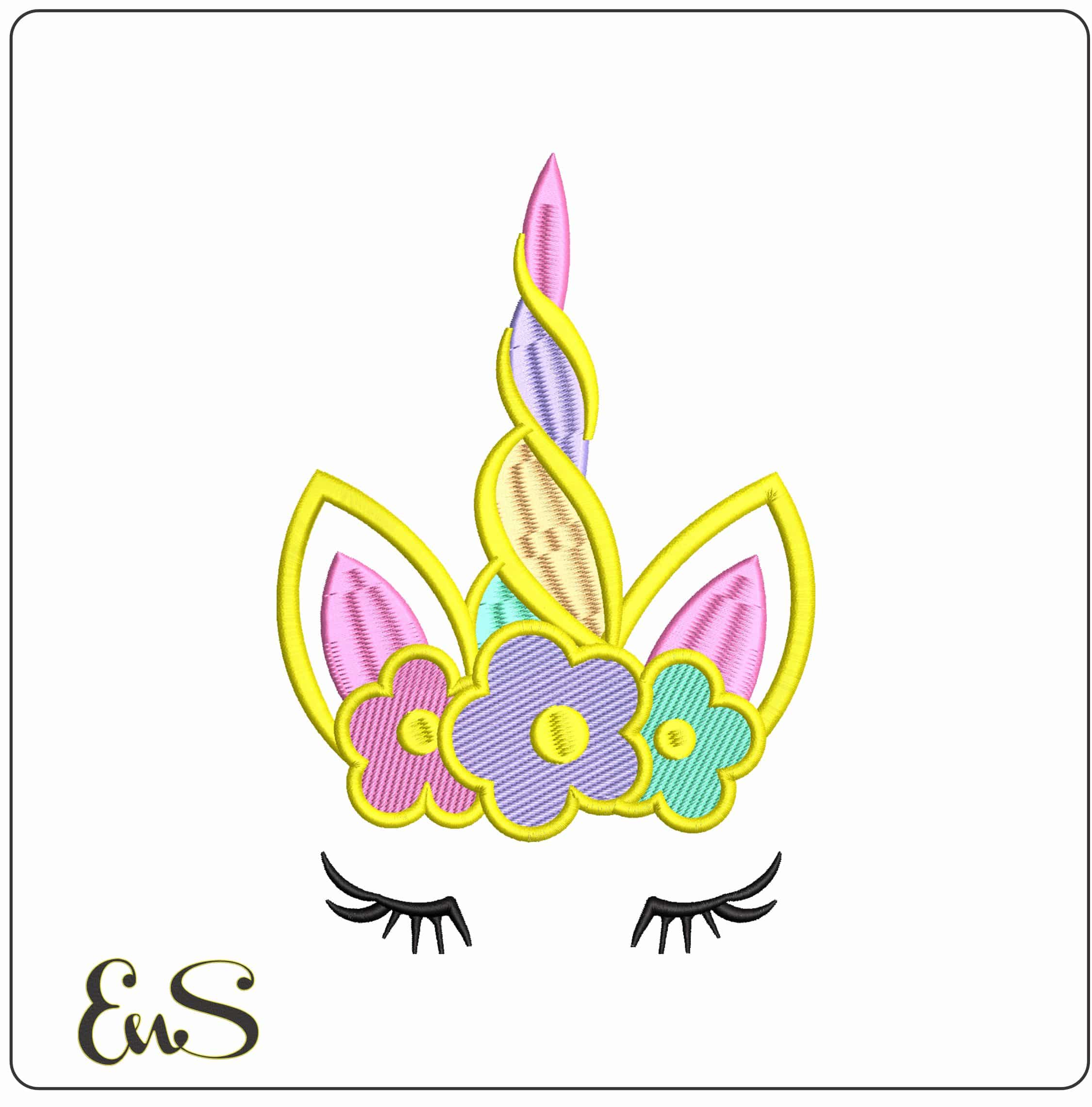 Unicorn Face Colored Horn and Flowers  - Elegant embroidery design file - instant download