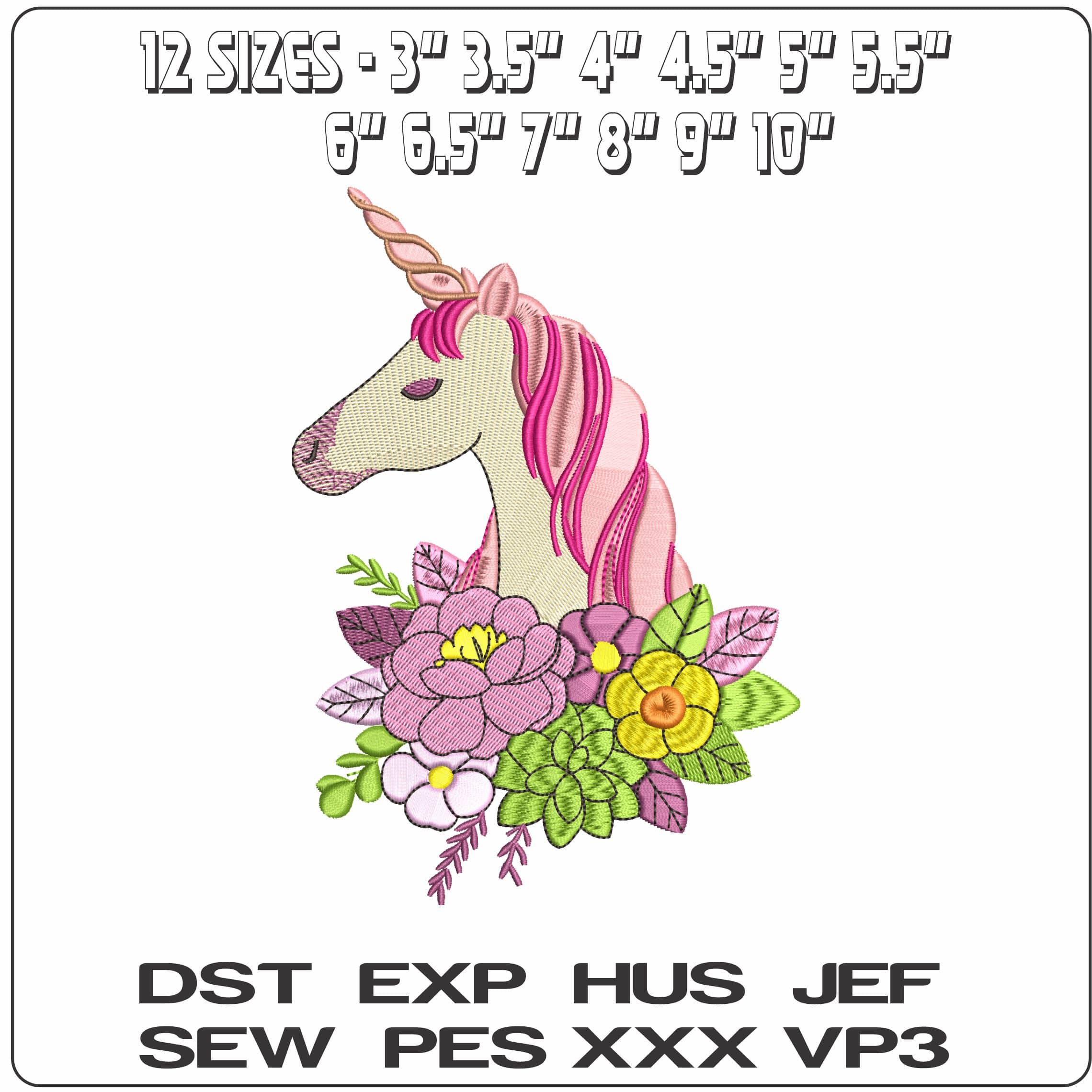 Unicorn Head and Flowers  - Elegant embroidery design file - instant download — view 2