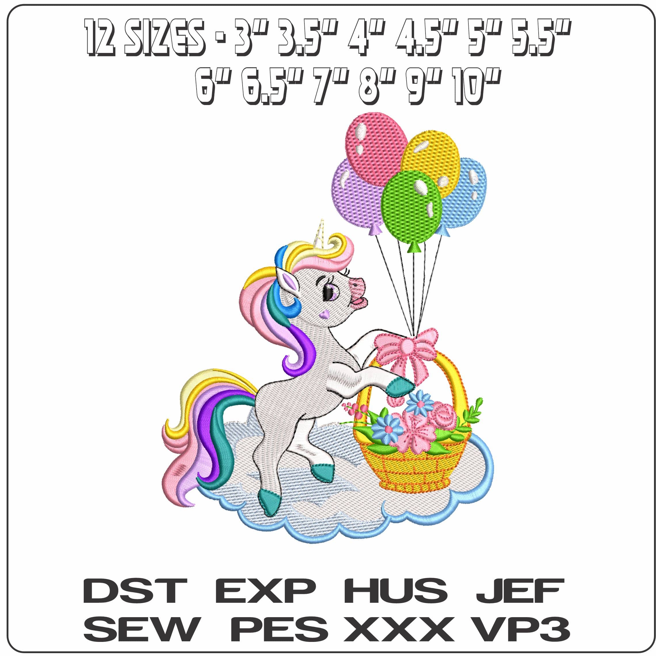 Unicorn with Balloons and Basket   - Elegant embroidery design file - instant download — view 2