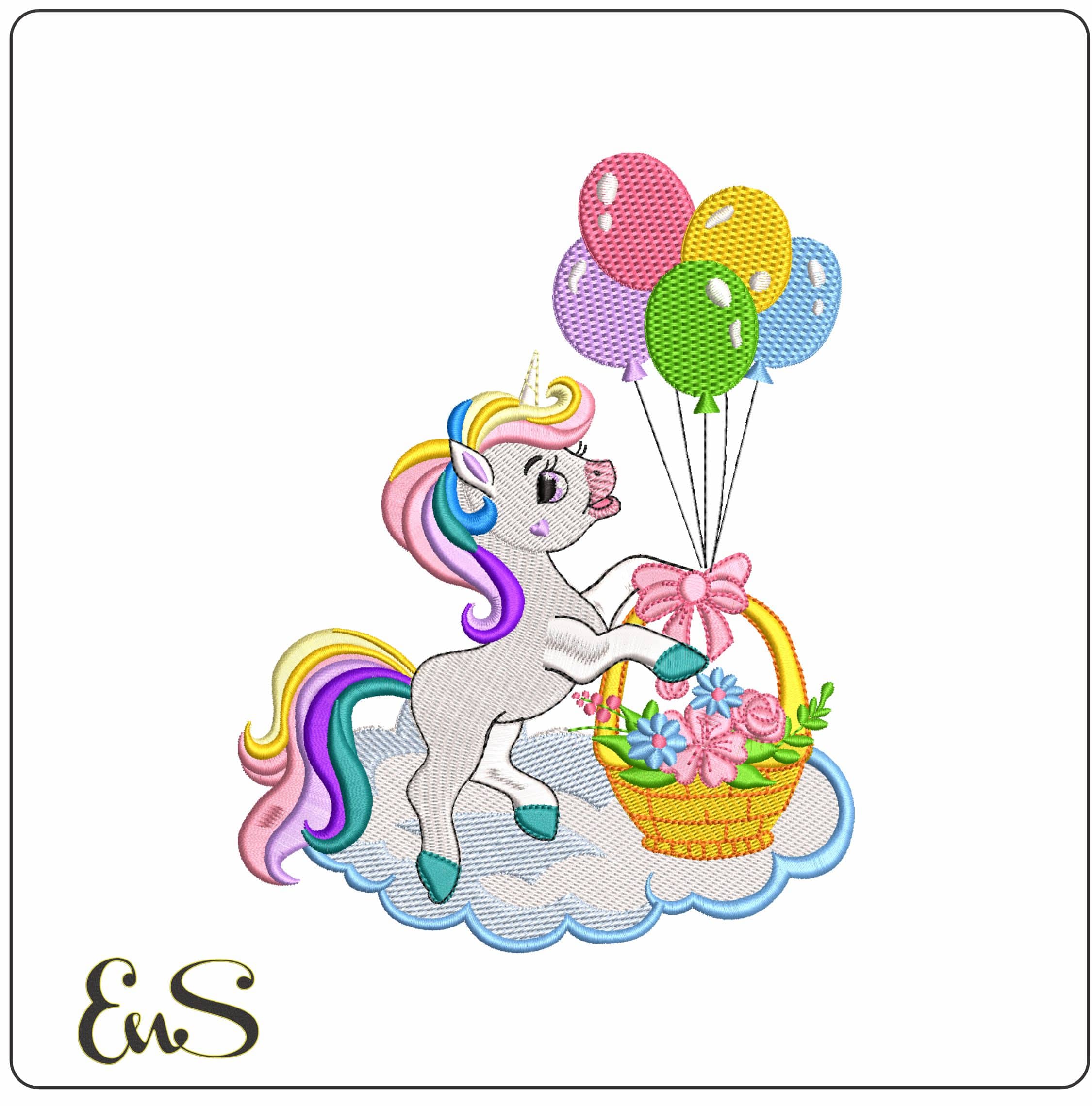 Unicorn with Balloons and Basket   - Elegant embroidery design file - instant download