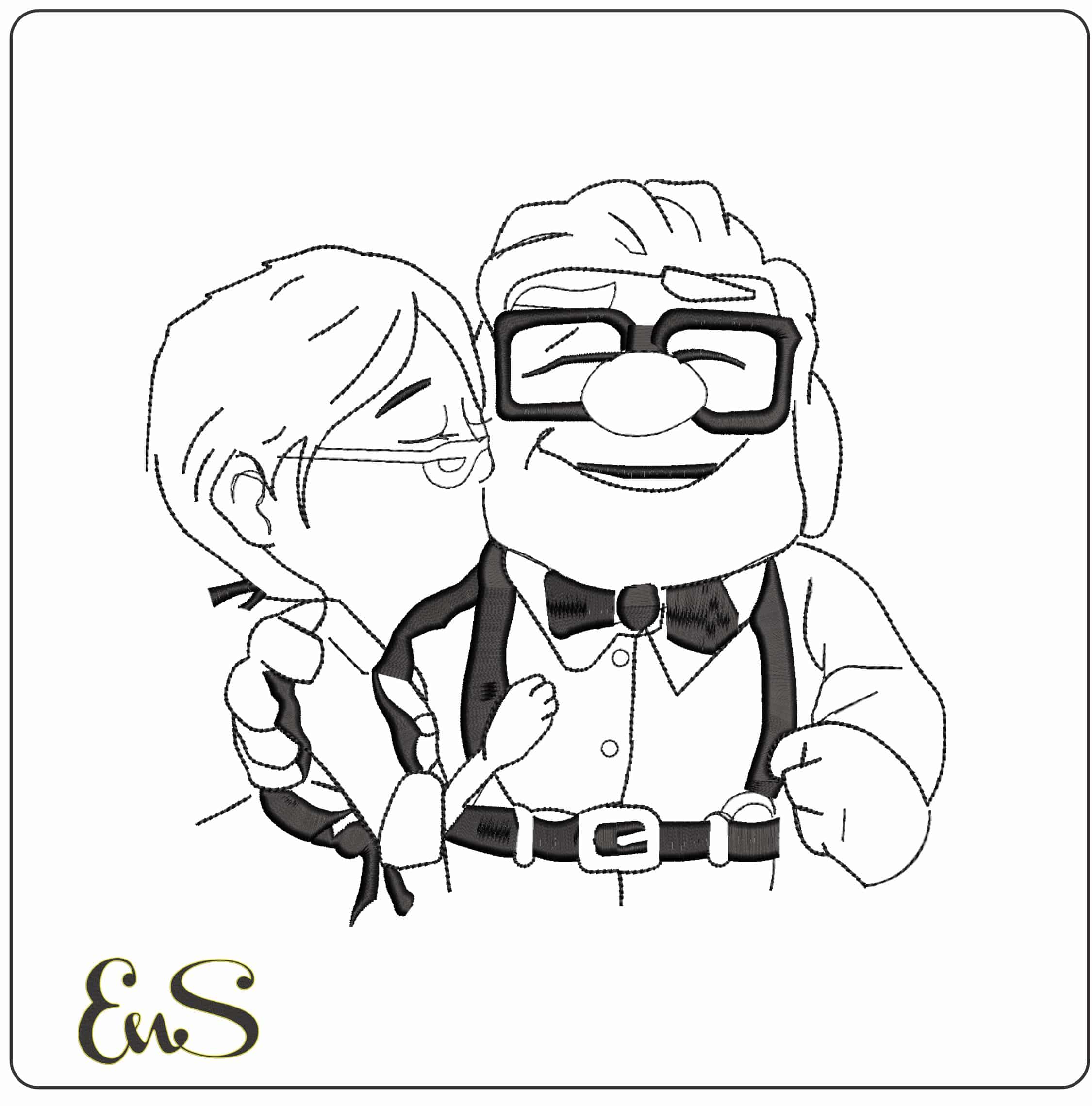 Up Old couple Line Art Up Cartoon   - Elegant embroidery design file - instant download