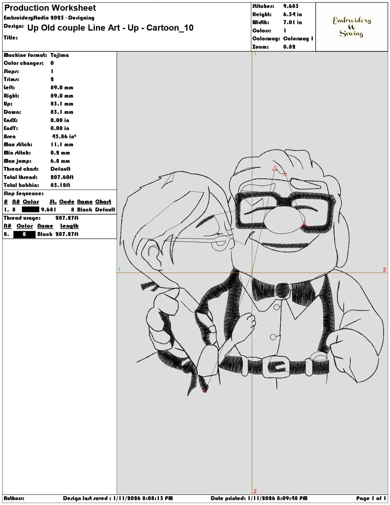 Up Old couple Line Art Up Cartoon   - Elegant embroidery design file - instant download — view 3