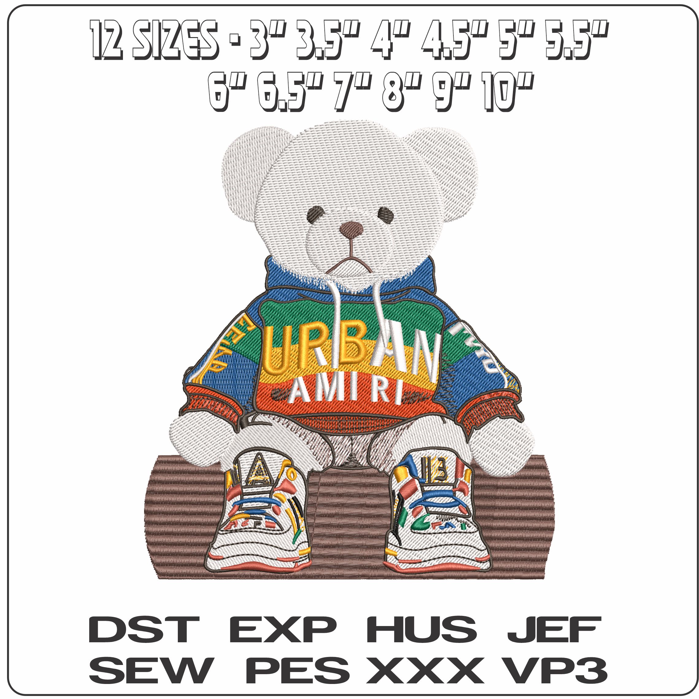 Urban Amiri Bear Sitting on Log   - Elegant embroidery design file - instant download — view 2