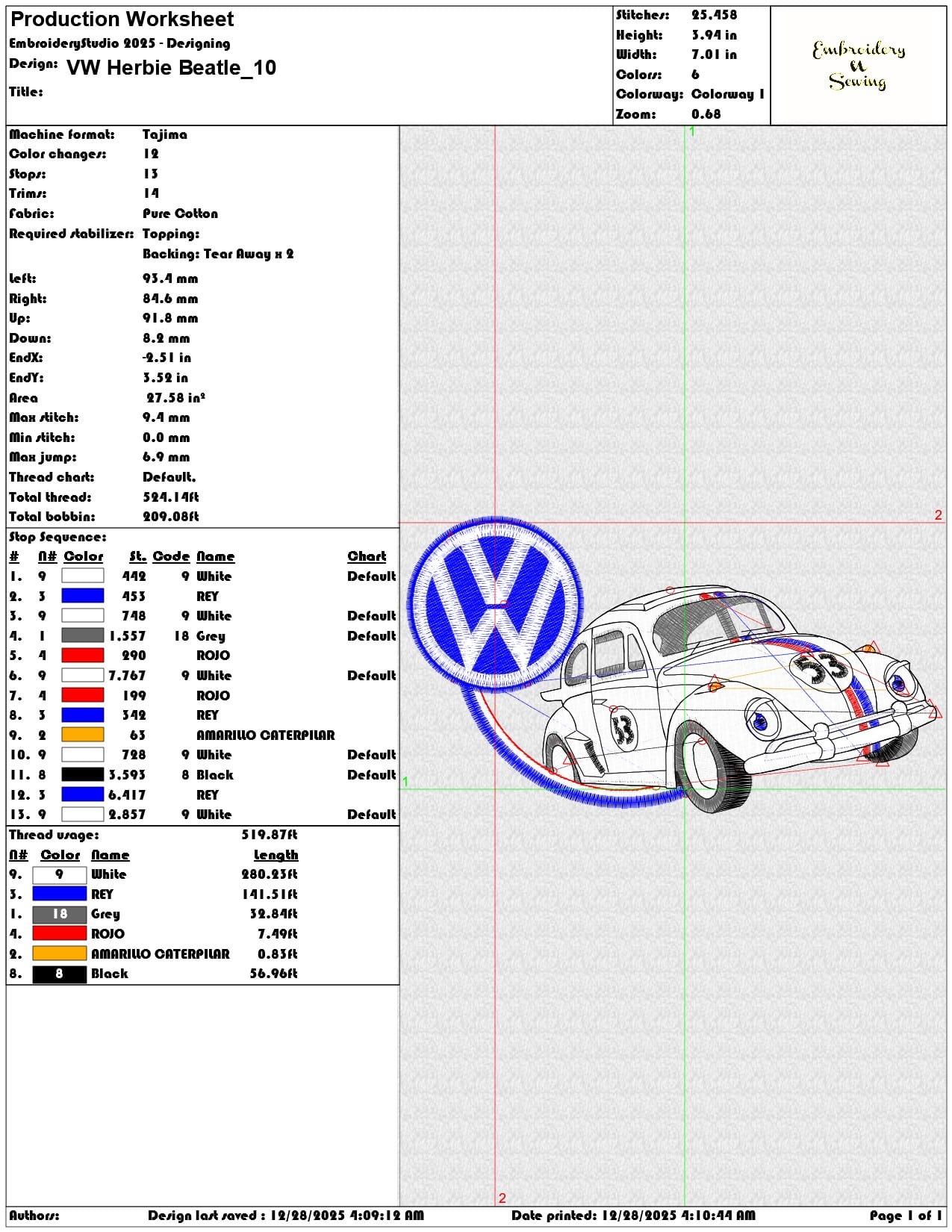 VW Herbie Beatle - Elegant embroidery design file - instant download — view 3