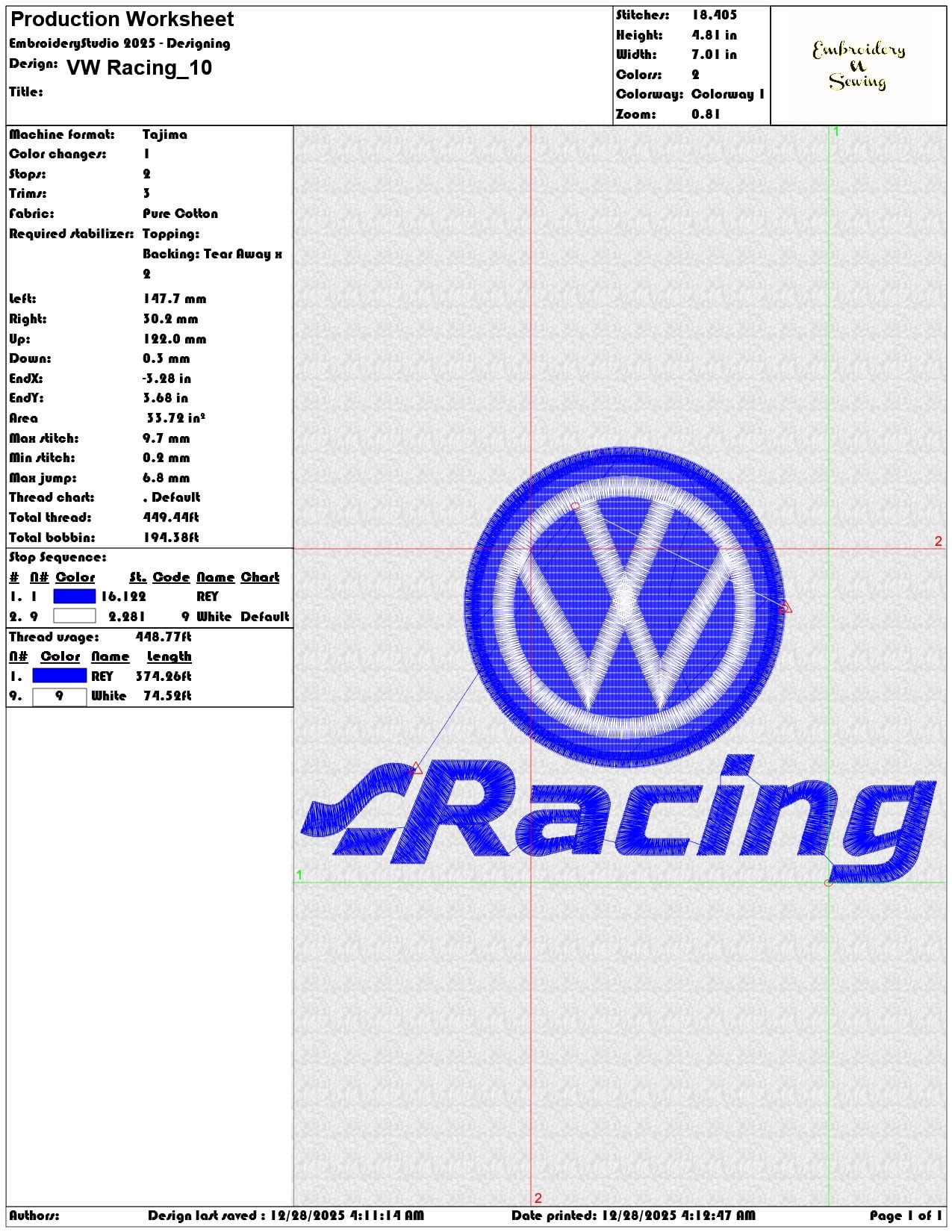 VW Racing - Elegant embroidery design file - instant download — view 3
