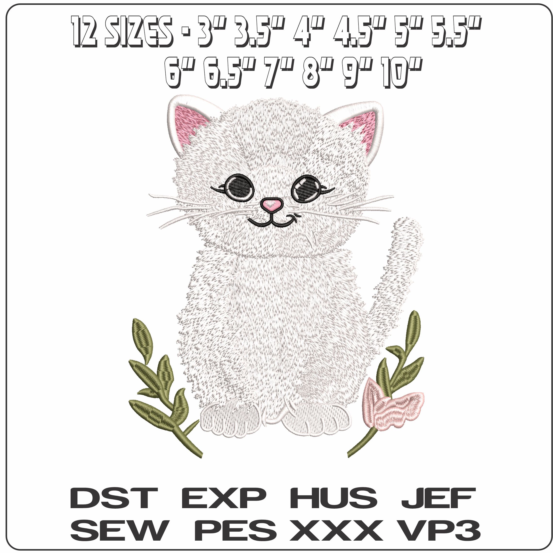 White Fluffy Cat - Elegant embroidery design file - instant download — view 2
