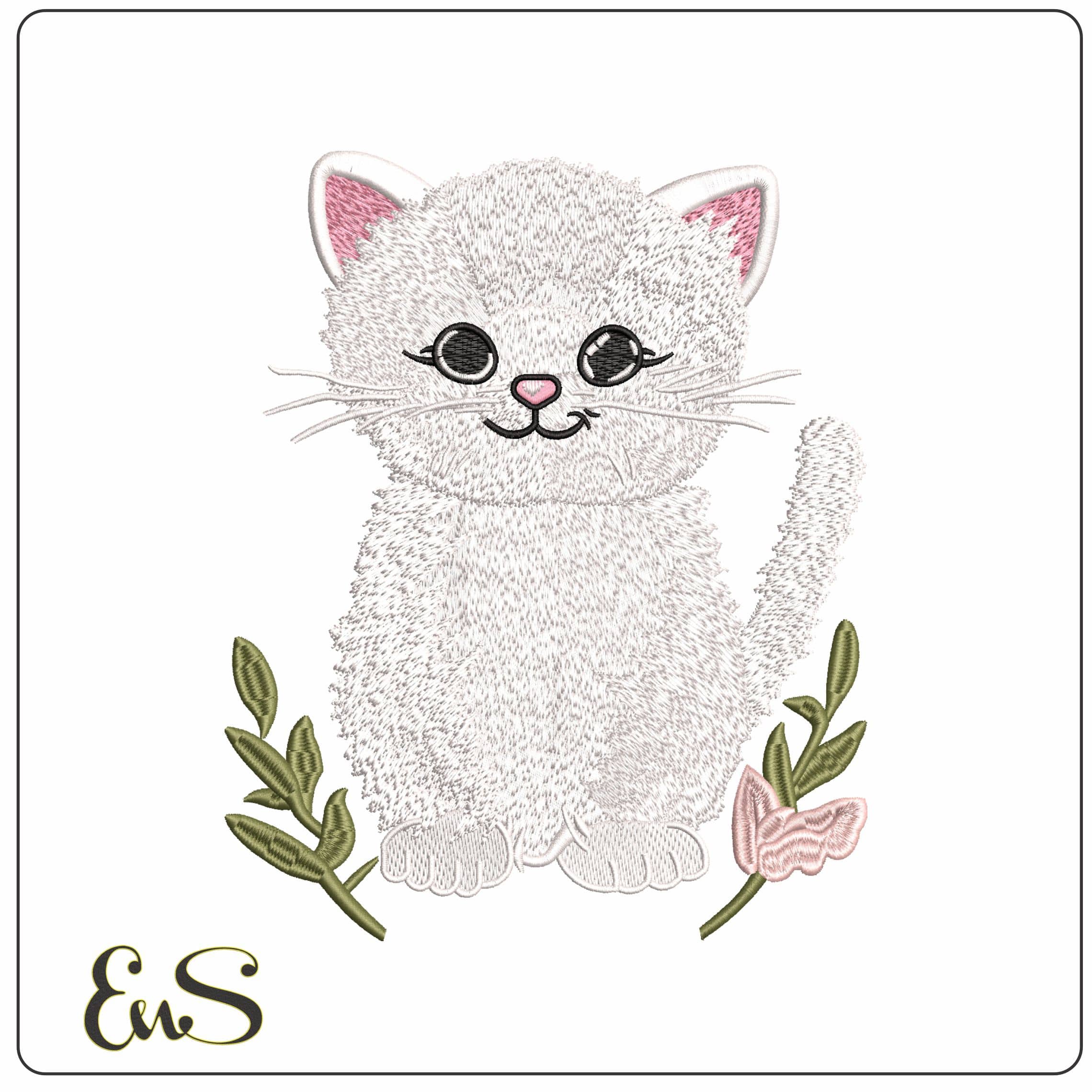 White Fluffy Cat - Elegant embroidery design file - instant download