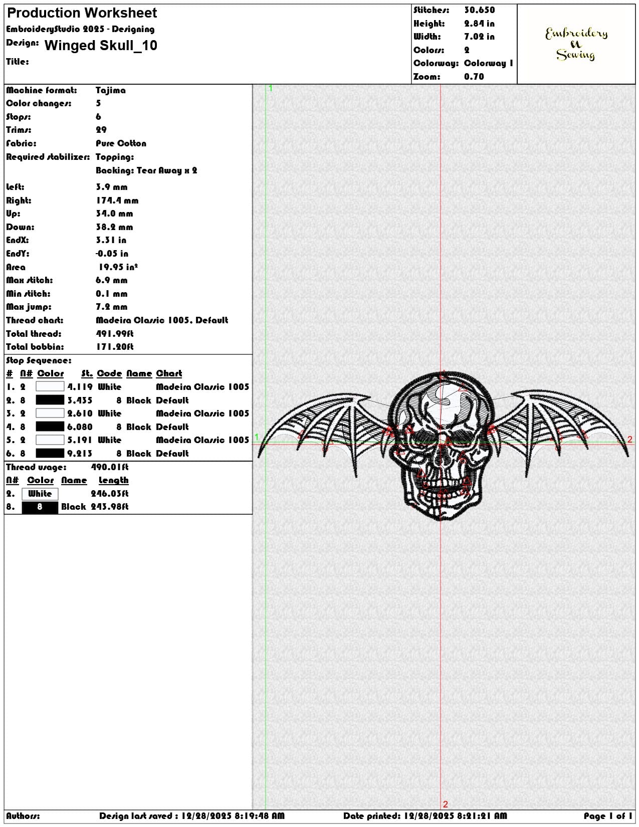 Winged Skull - Elegant embroidery design file - instant download — view 3