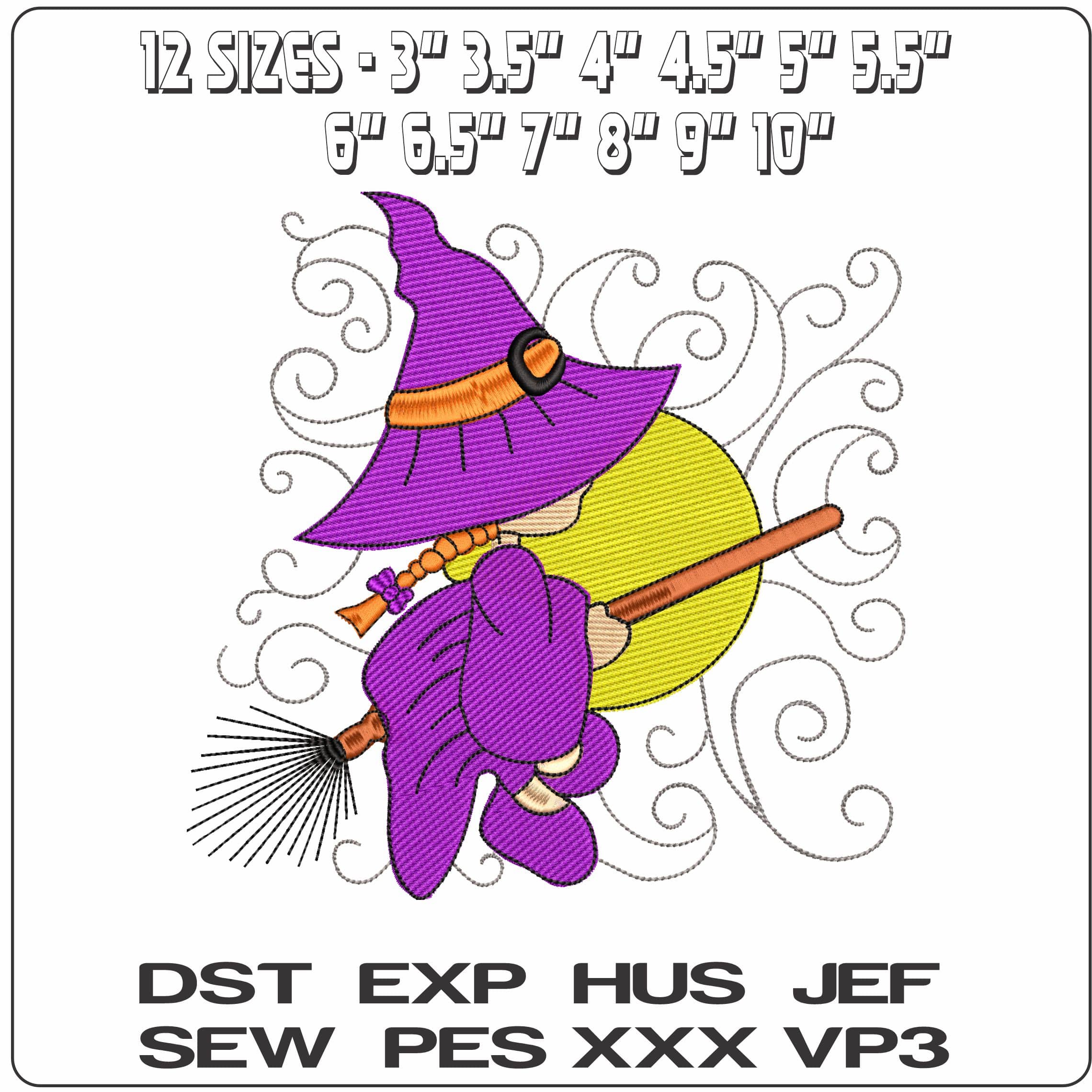 Witch on Broom with Moon - Elegant embroidery design file - instant download — view 2