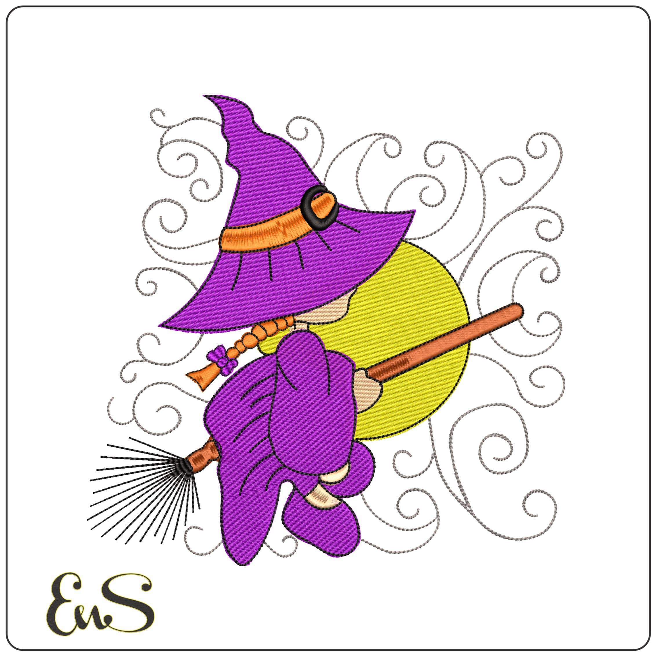 Witch on Broom with Moon - Elegant embroidery design file - instant download