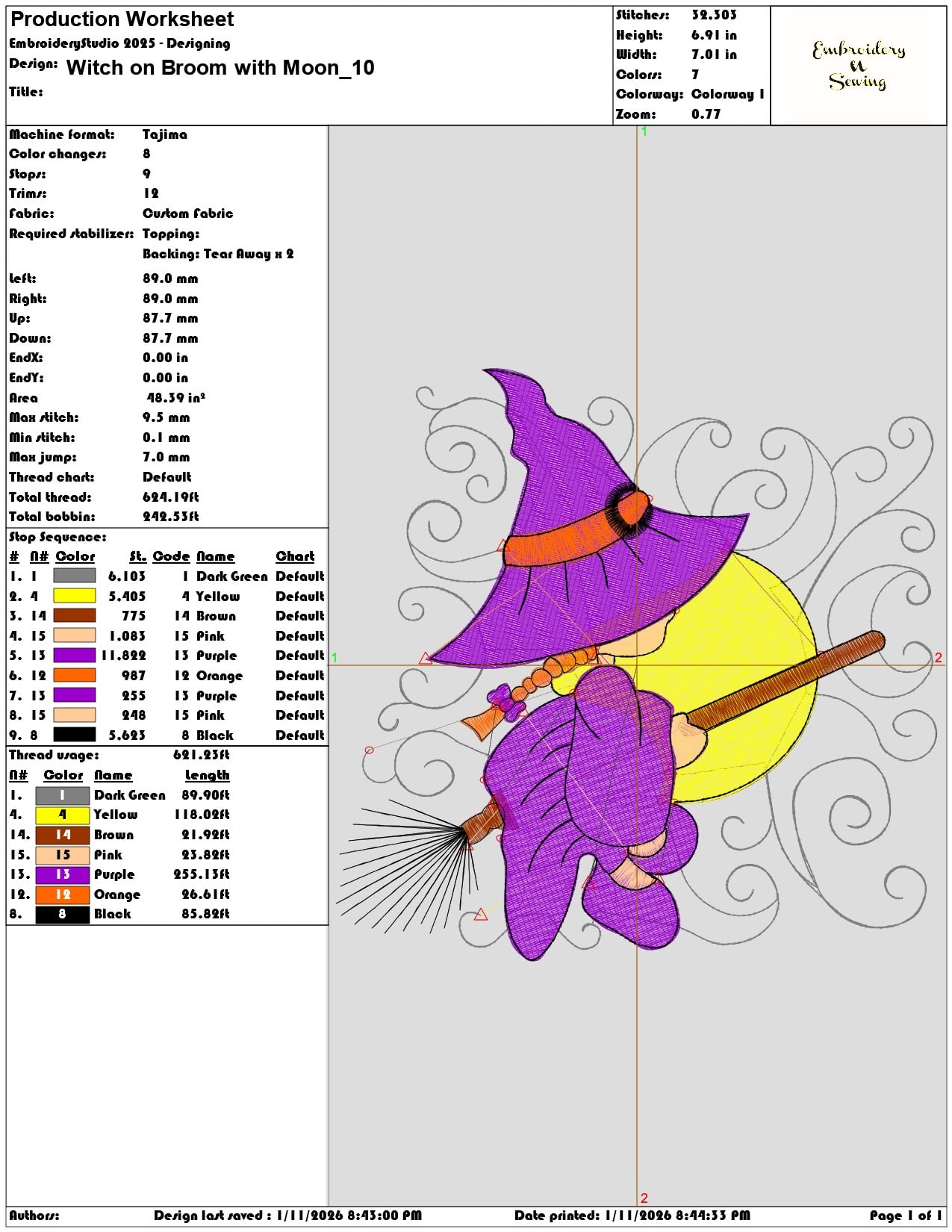 Witch on Broom with Moon - Elegant embroidery design file - instant download — view 3