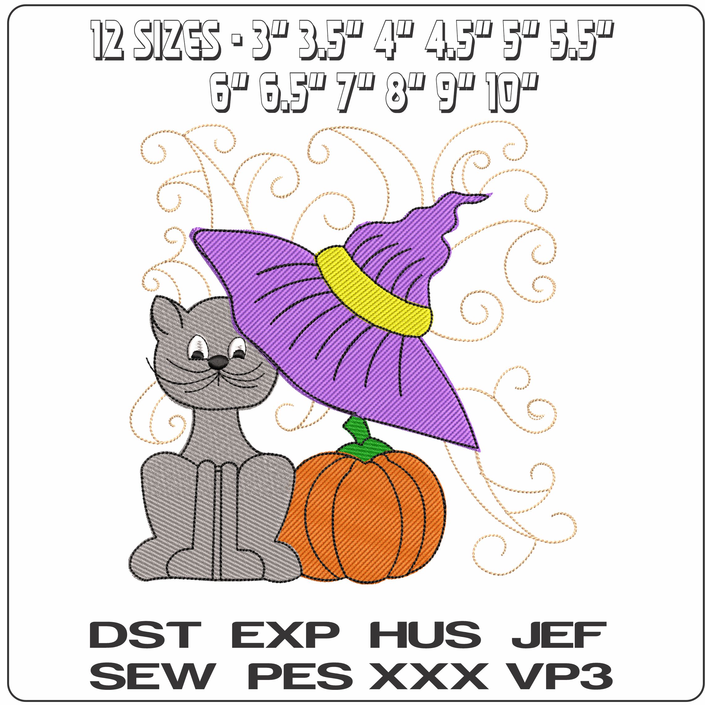 Witches Hat and Cat - Elegant embroidery design file - instant download — view 2
