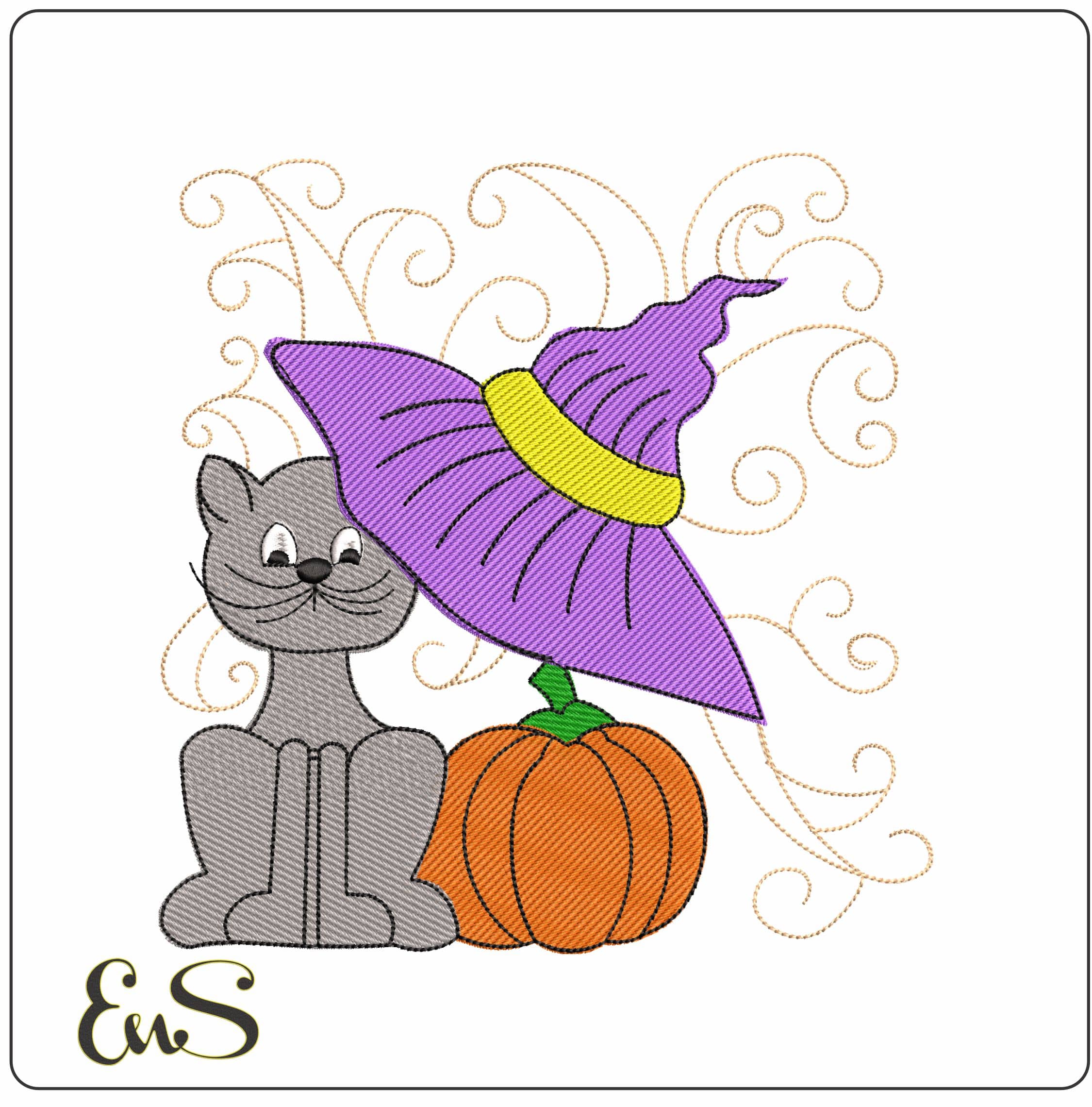 Witches Hat and Cat - Elegant embroidery design file - instant download