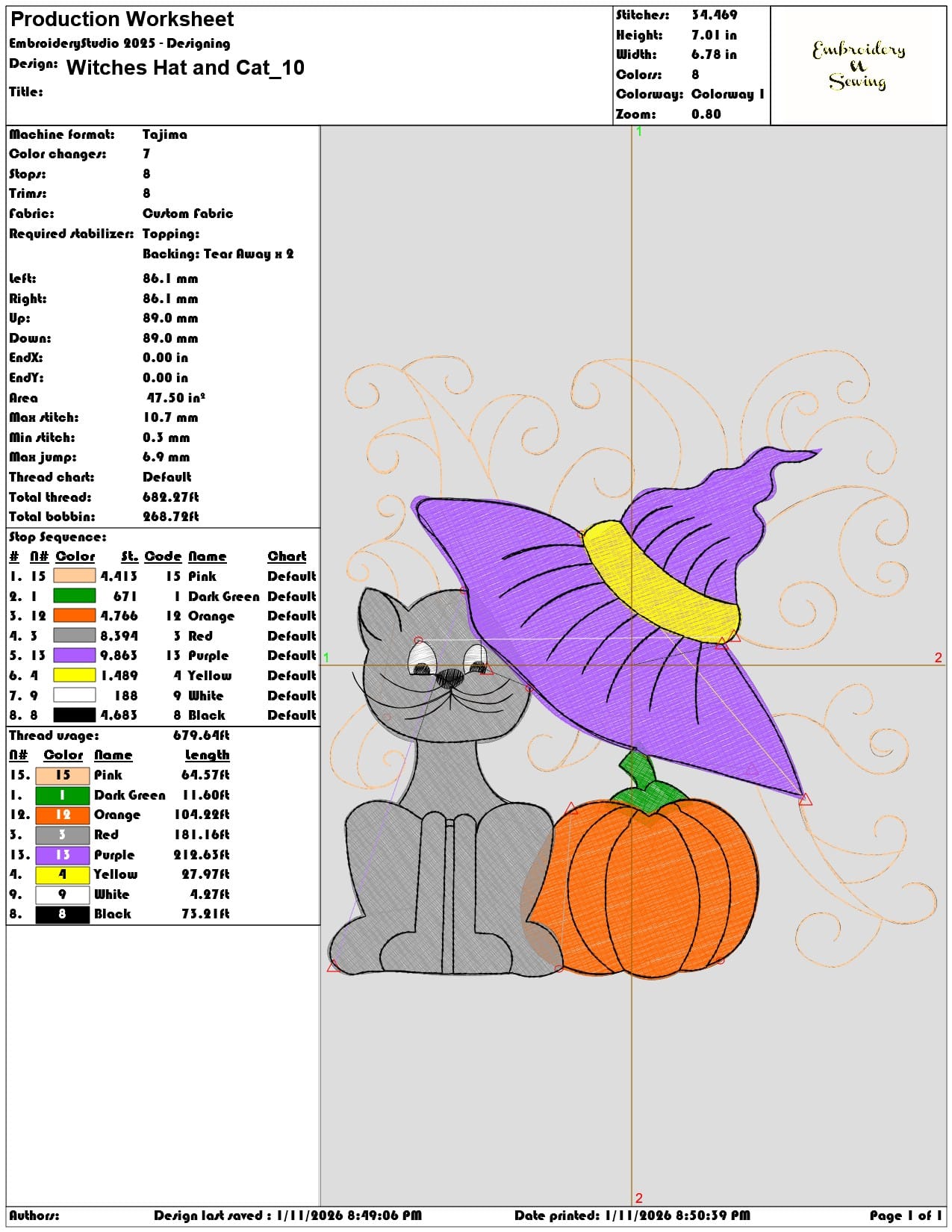 Witches Hat and Cat - Elegant embroidery design file - instant download — view 3