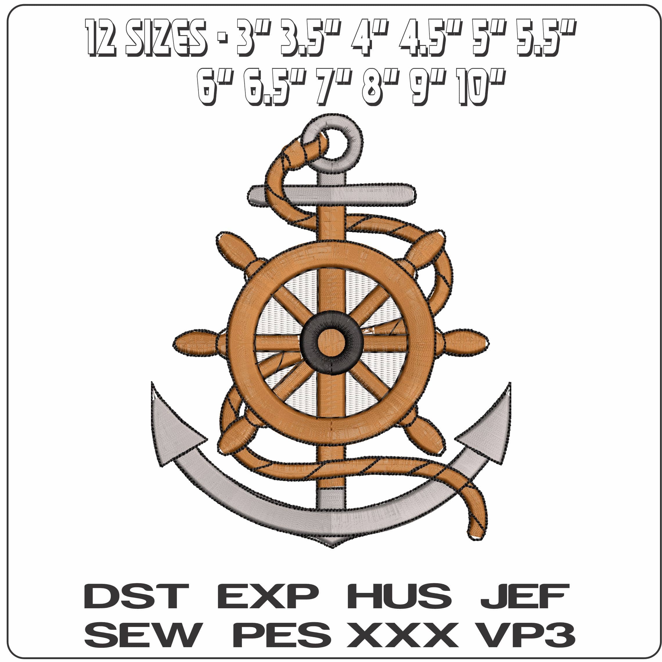 Anchor Rope and Ships Wooden Helm   - Elegant embroidery design file - instant download — view 2