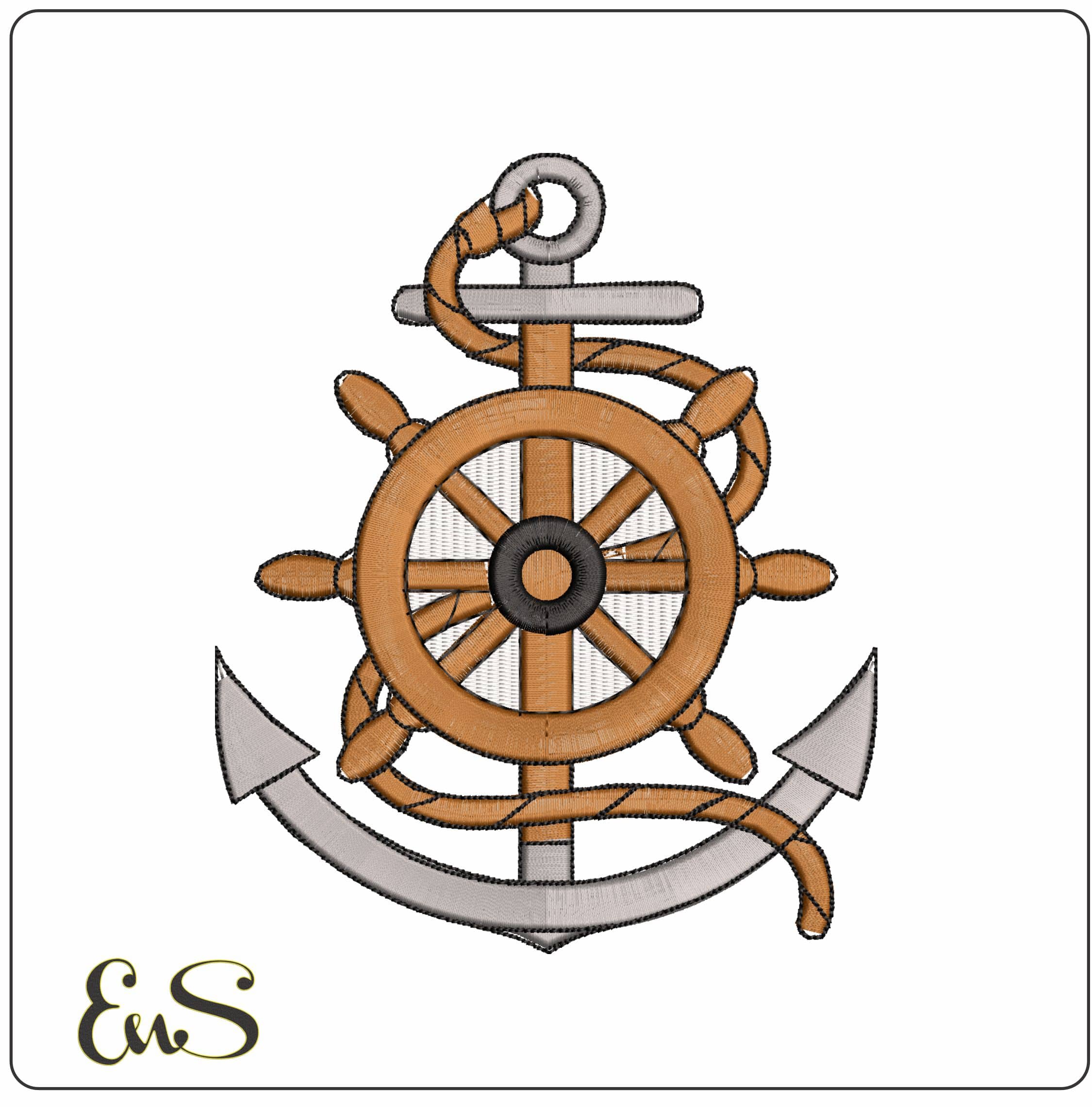Anchor Rope and Ships Wooden Helm   - Elegant embroidery design file - instant download