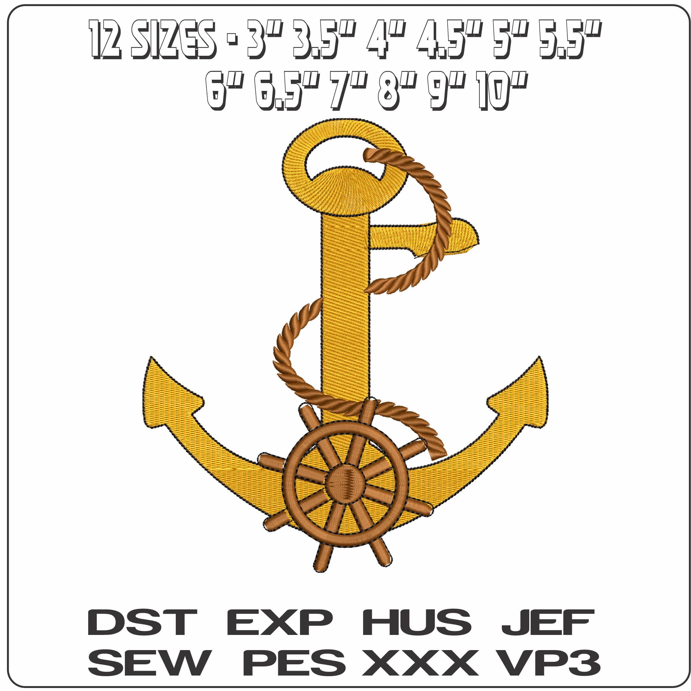 Anchor Rope and Small Ships Wooden Helm   - Elegant embroidery design file - instant download — view 2