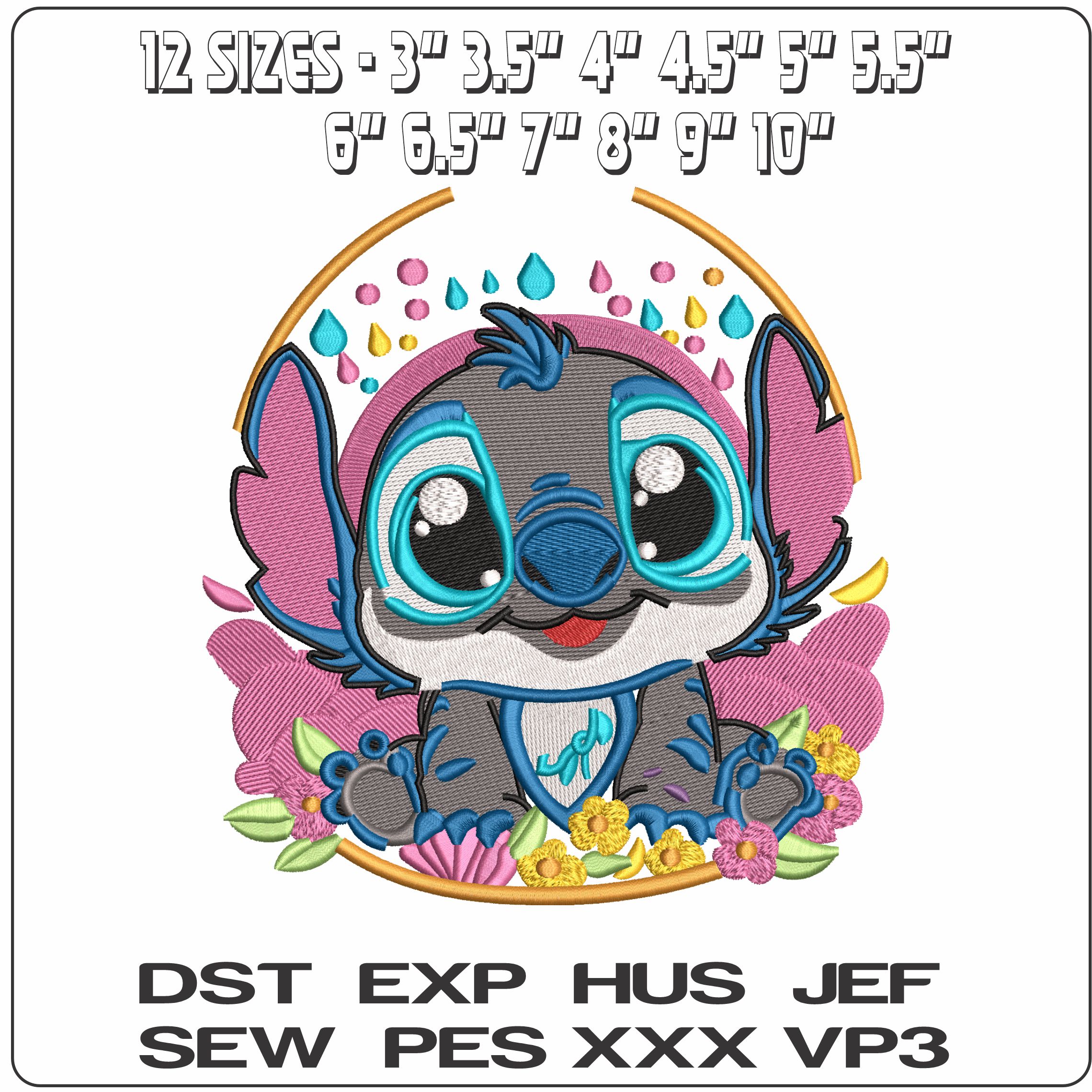 Baby Stitch sitting flowers   - Elegant embroidery design file - instant download — view 2