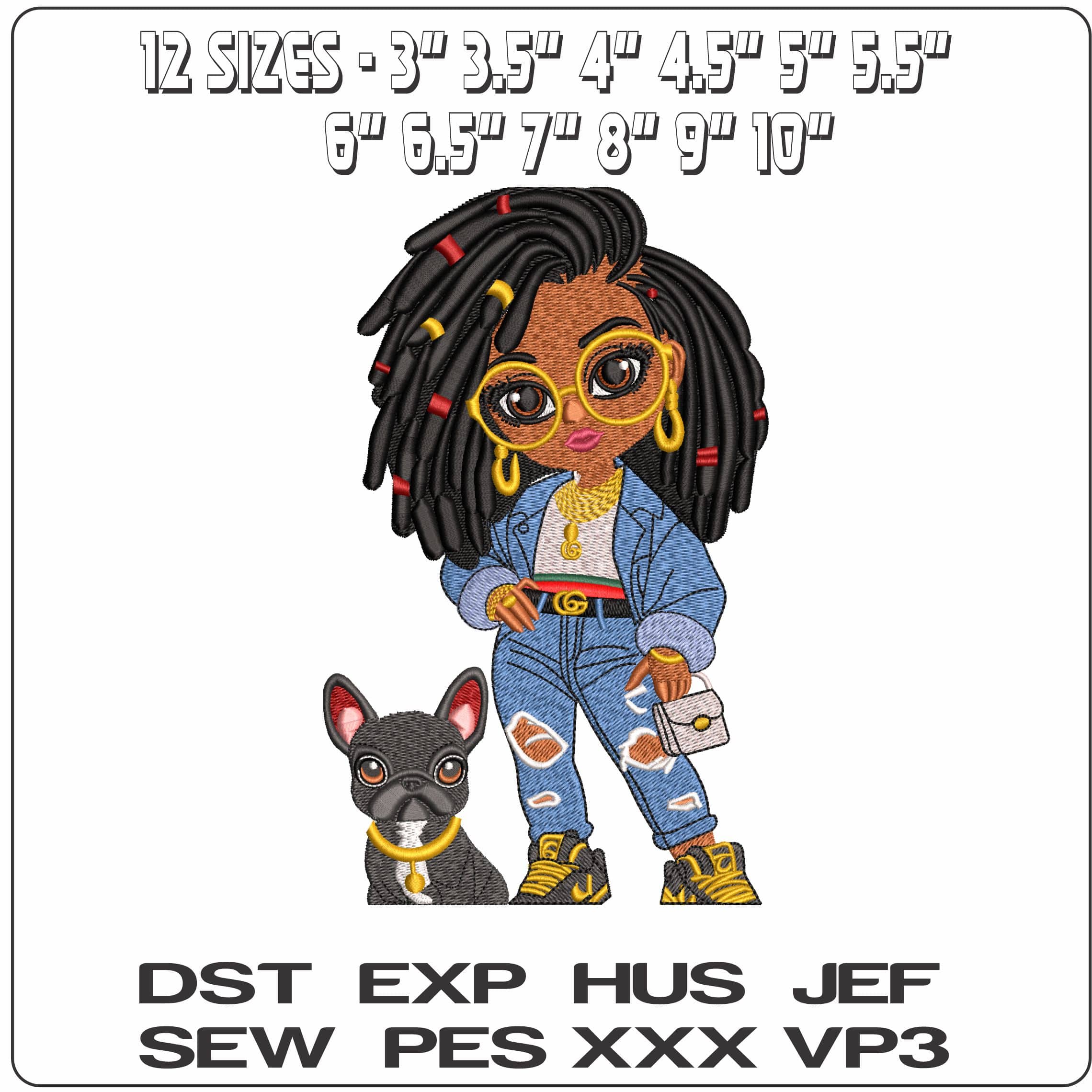 Black Girl with Braids and Bulldog    - Elegant embroidery design file - instant download — view 2