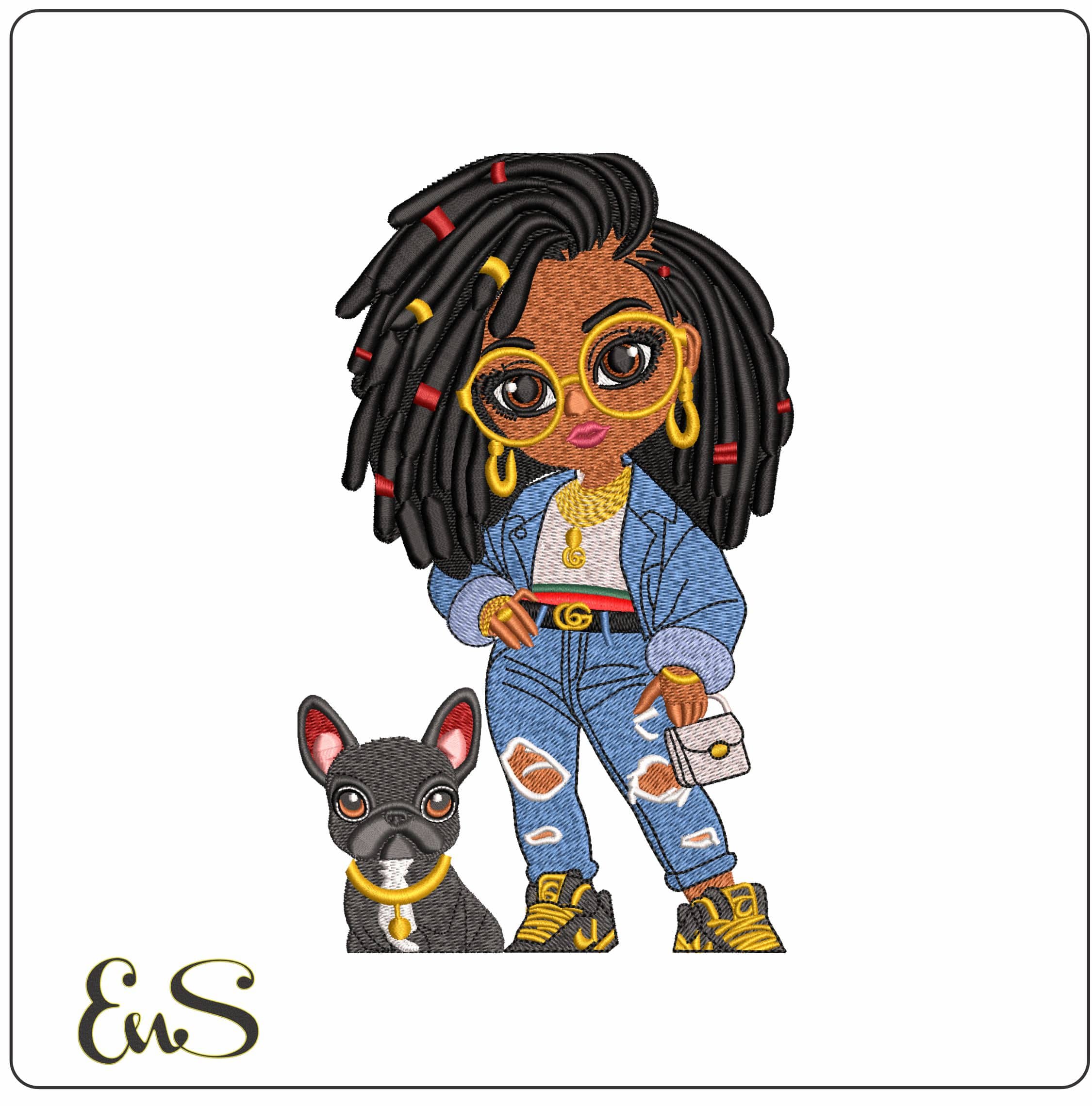 Black Girl with Braids and Bulldog    - Elegant embroidery design file - instant download