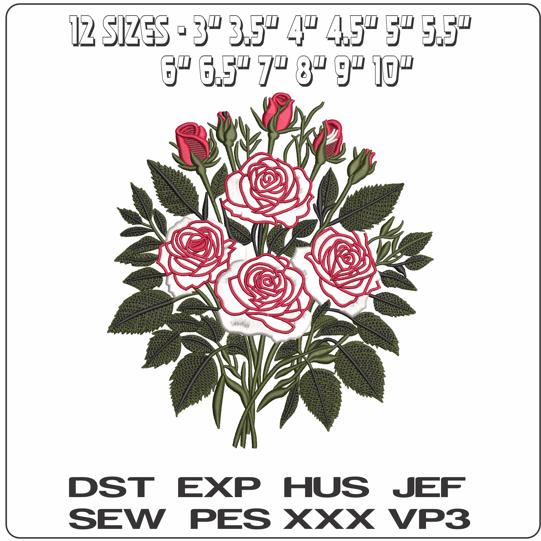 Bouquet of Red and White Roses    - Elegant embroidery design file - instant download — view 2