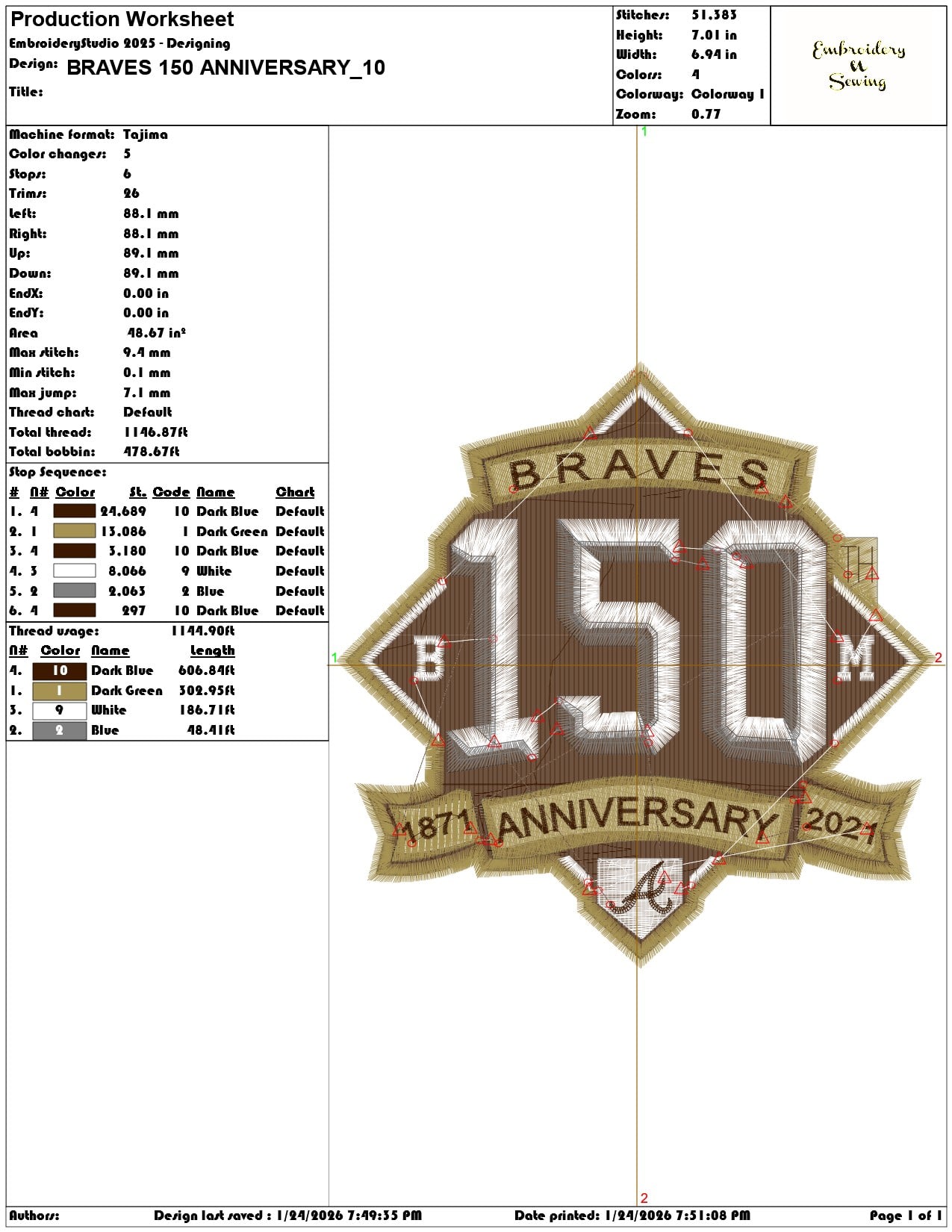 BRAVES 150 ANNIVERSARY    - Elegant embroidery design file - instant download — view 3