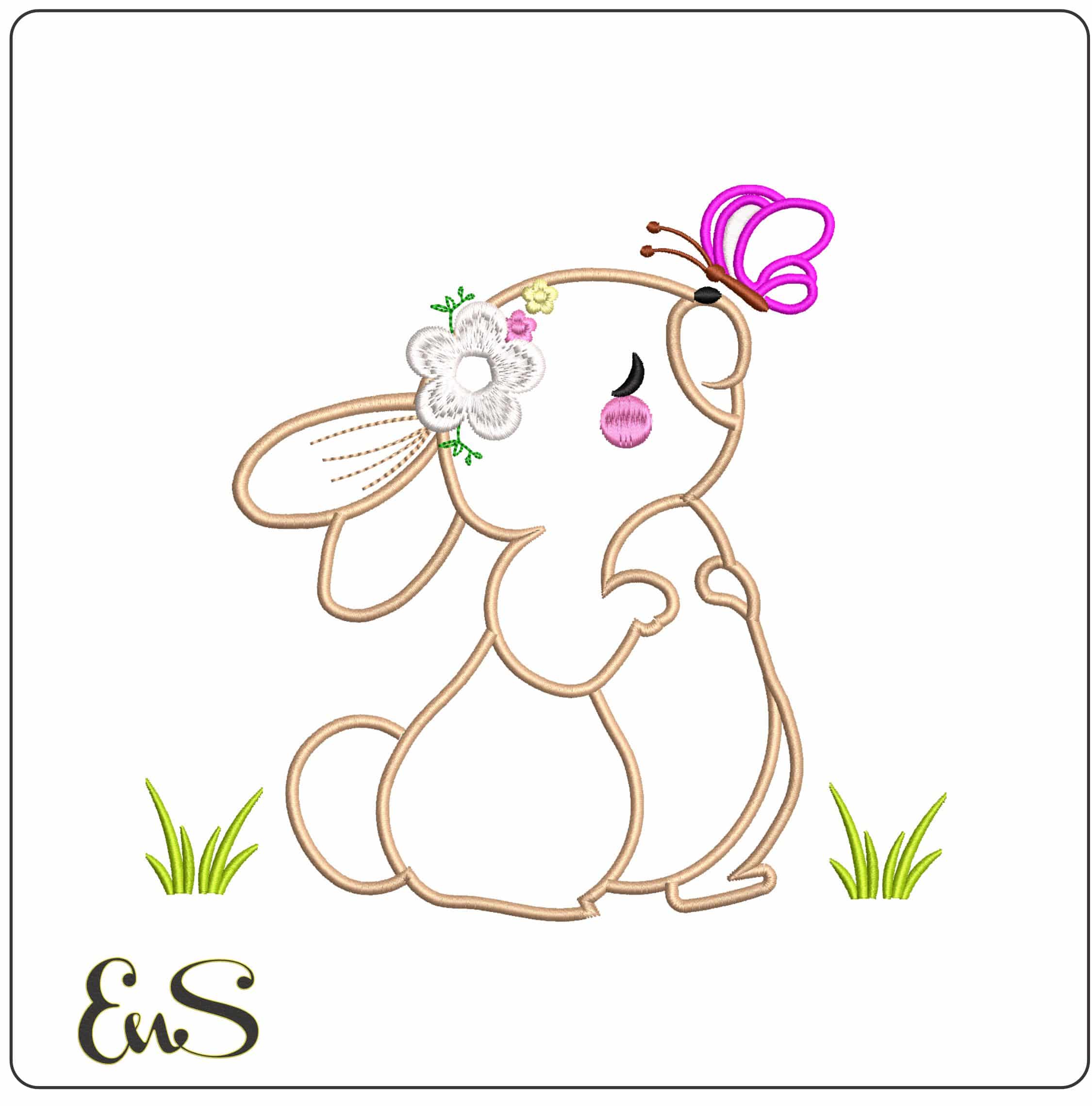 Bunny and Butterfly applique  - Elegant embroidery design file - instant download