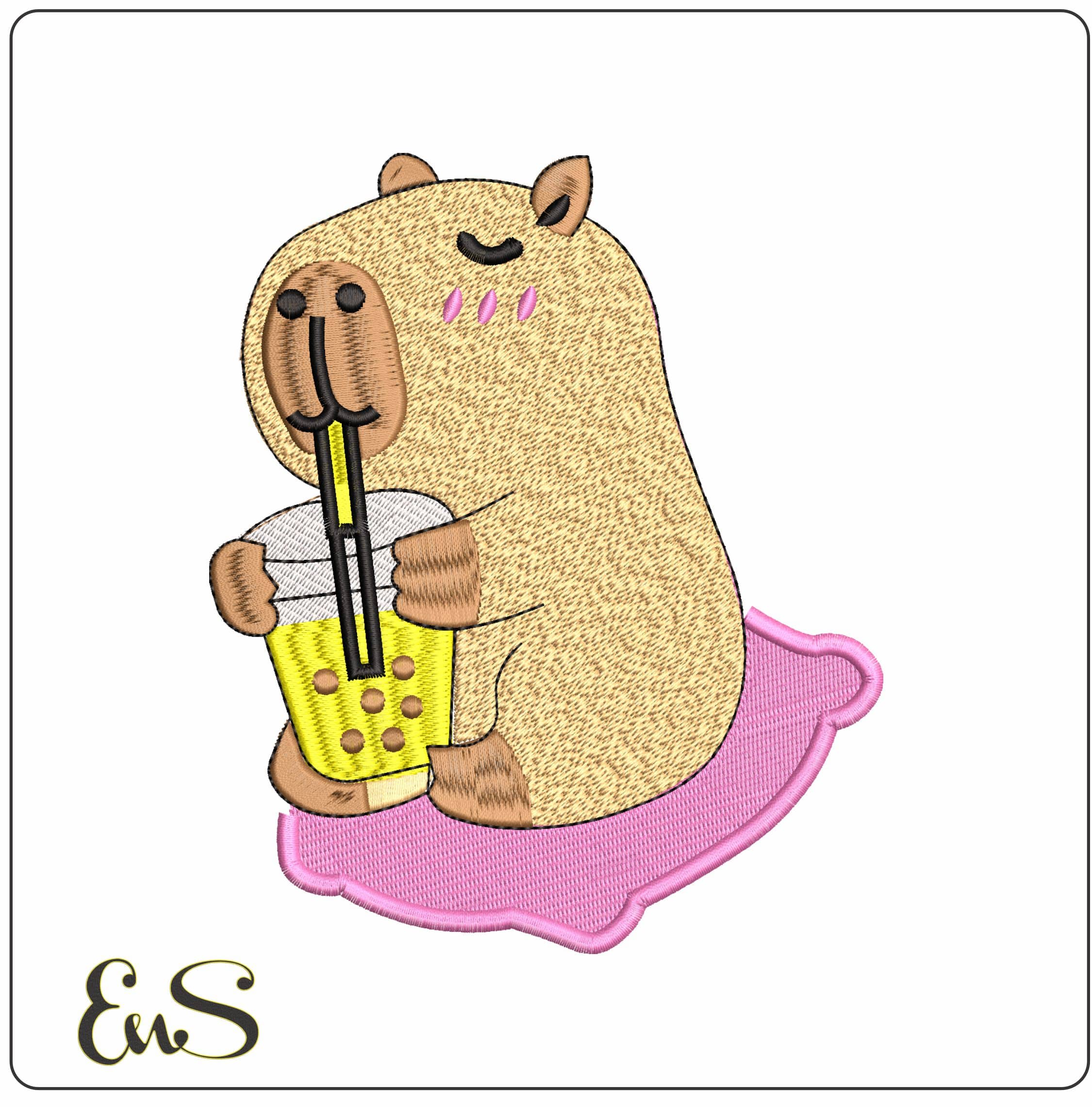 Capibara with Drink  - Elegant embroidery design file - instant download