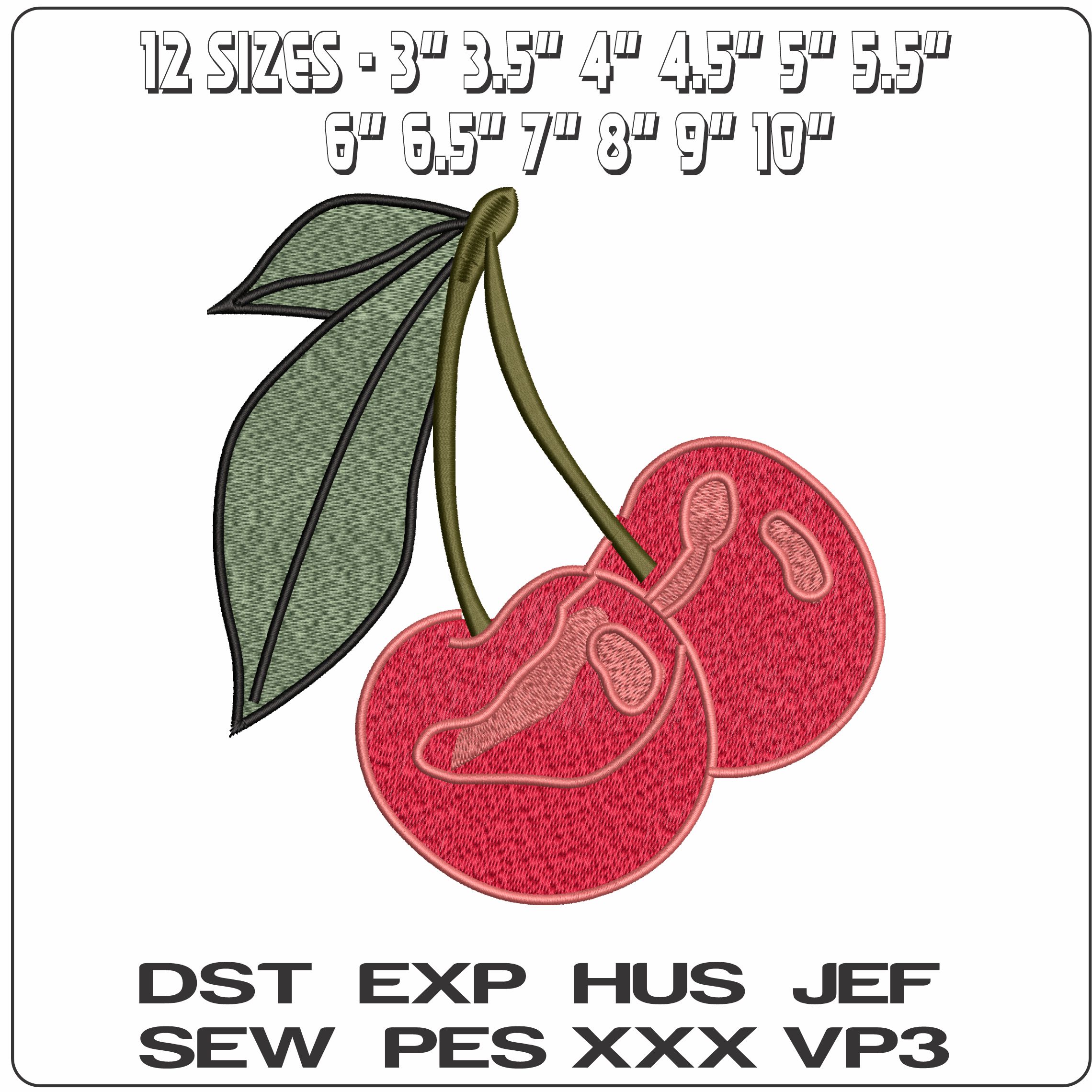2 Cherries with Stalk  - Elegant embroidery design file - instant download — view 2