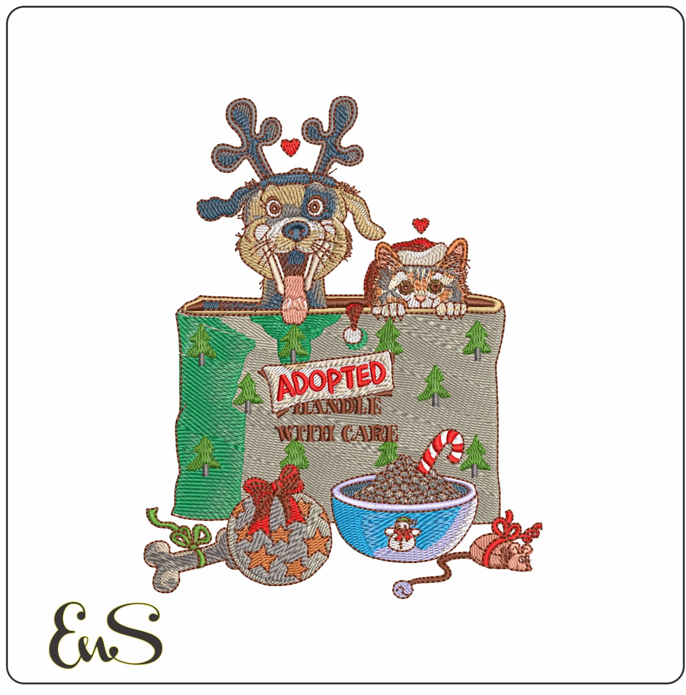 Adopted cat and Dog  - Elegant embroidery design file - instant download
