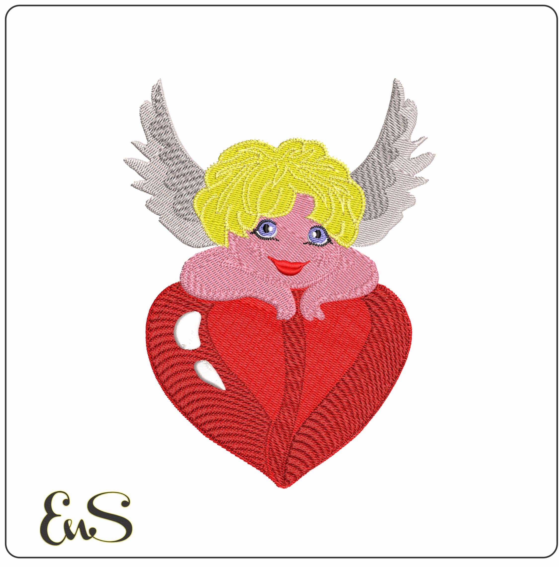 Angel laying on a Heart  - Elegant embroidery design file - instant download
