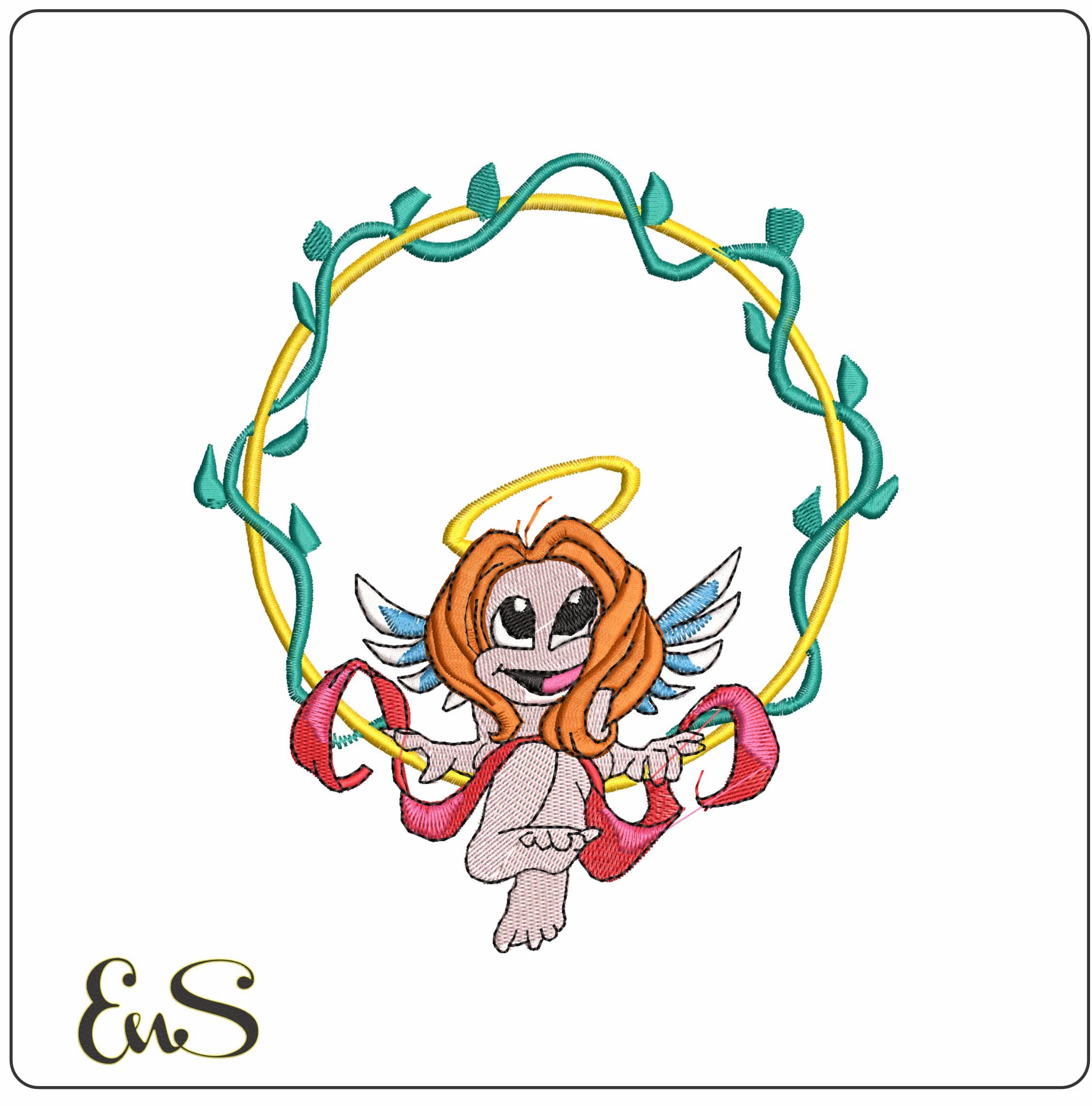 Angel on an Ring  - Elegant embroidery design file - instant download