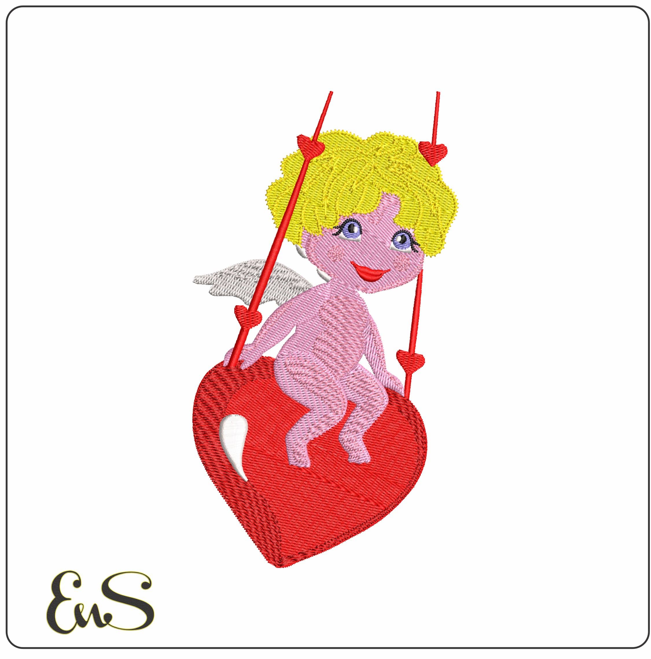 Angel Swinging on a Heart  - Elegant embroidery design file - instant download