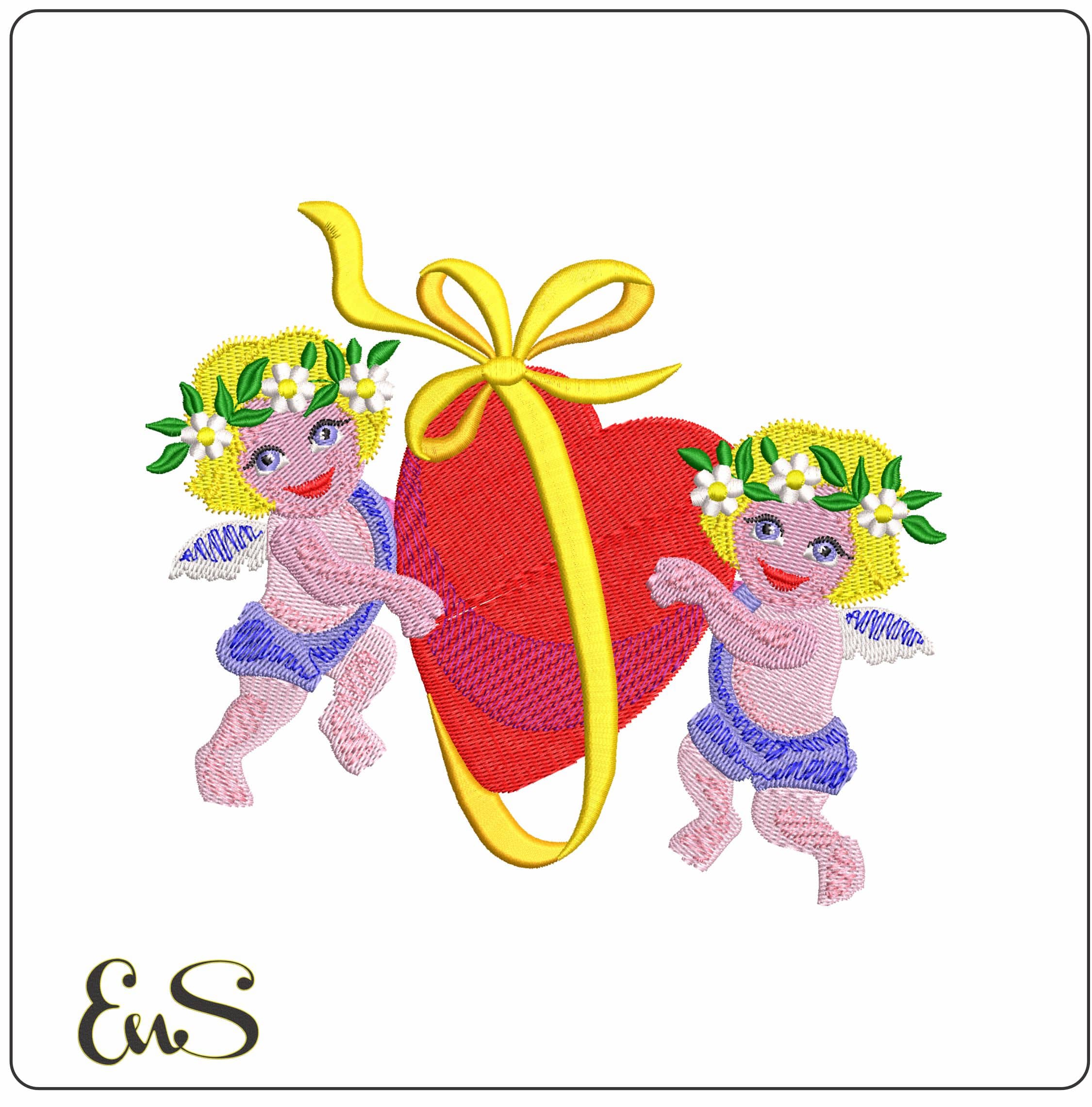 Angels holding Heart  - Elegant embroidery design file - instant download