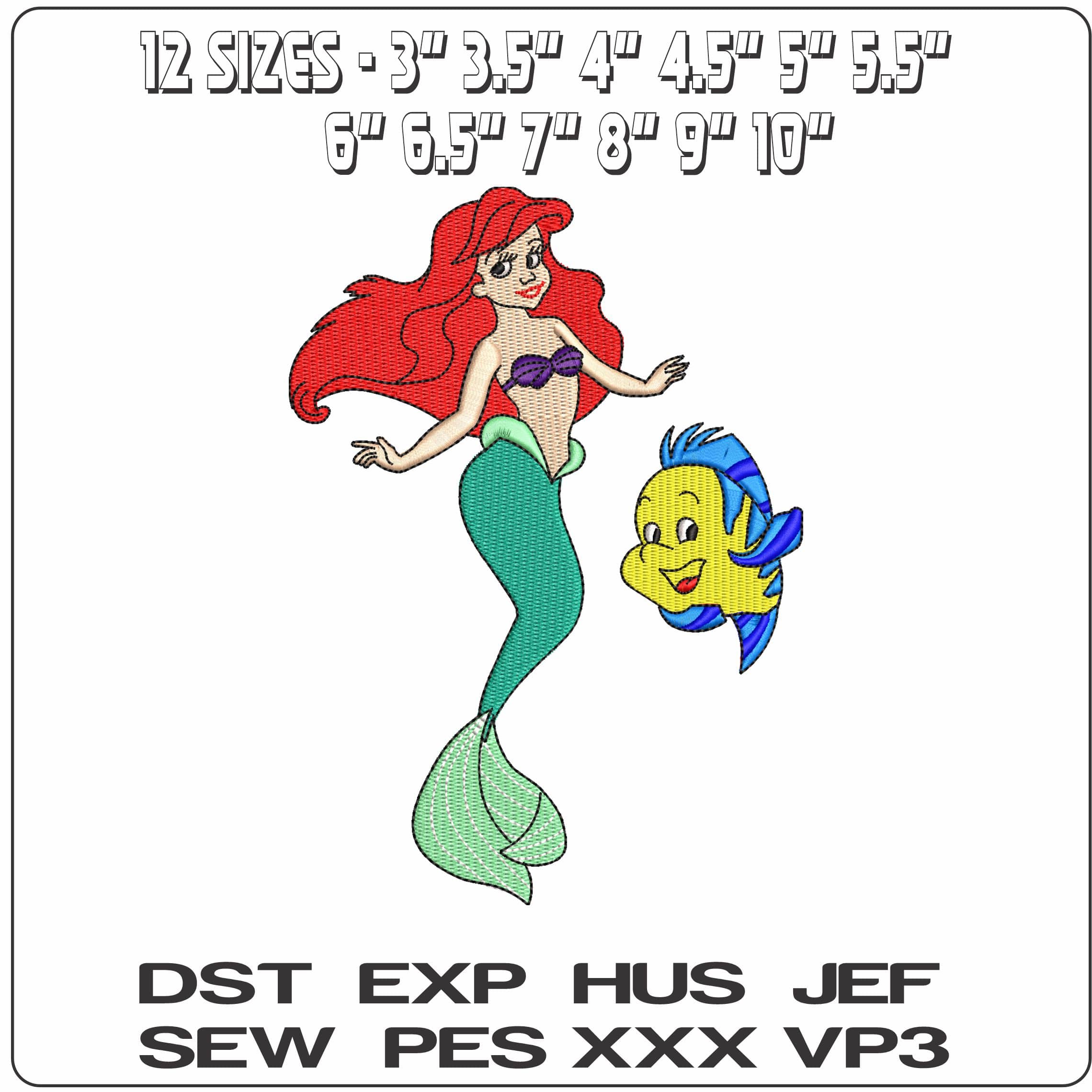 Ariel Mermaid and Flounder Fish The Little Mermaid  - Elegant embroidery design file - instant download — view 2
