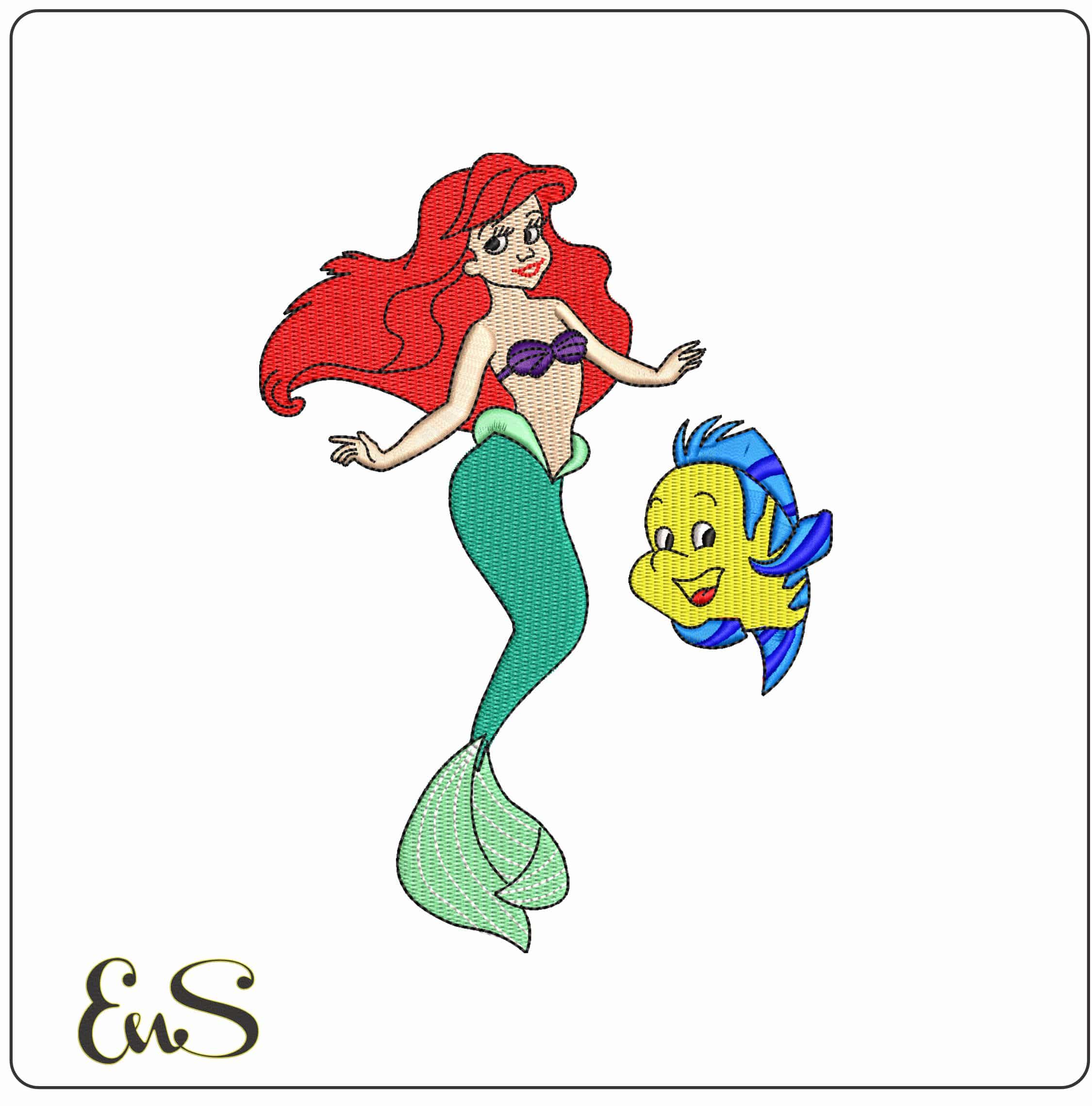Ariel Mermaid and Flounder Fish The Little Mermaid  - Elegant embroidery design file - instant download