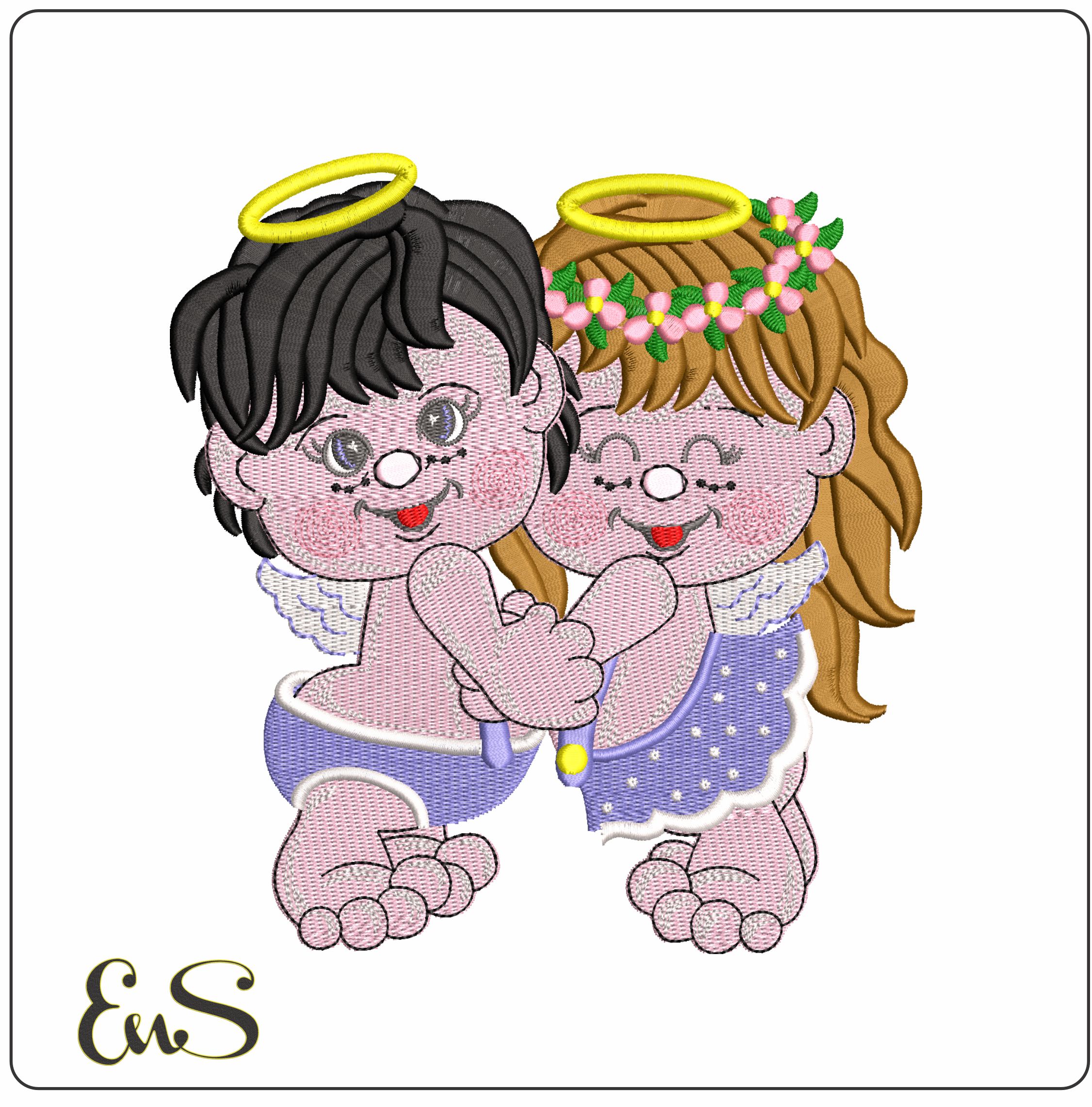 Baby Angel Boy and Girl Cuddle  - Elegant embroidery design file - instant download