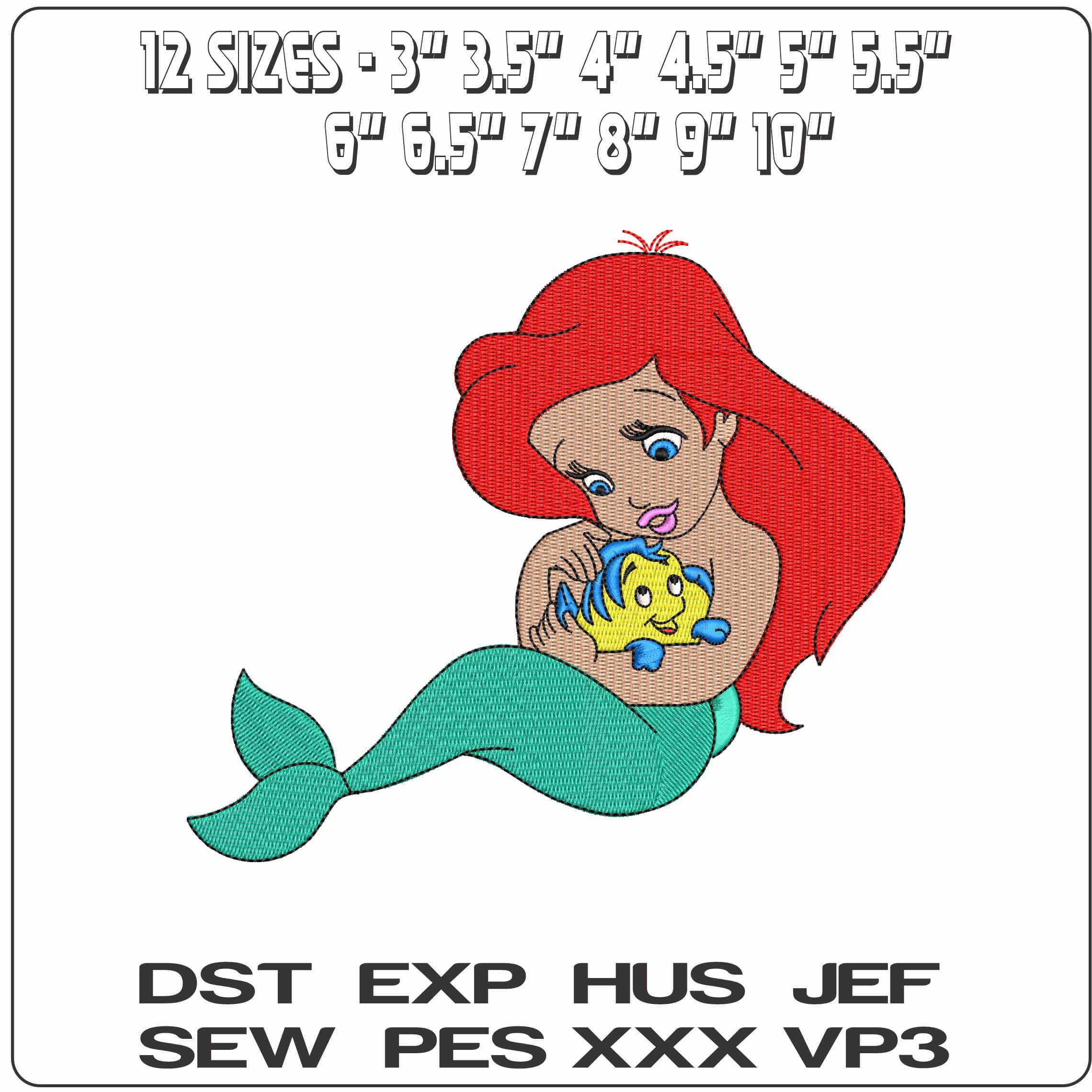 Baby Ariel Mermaid and Flounder Fish The Little Mermaid  - Elegant embroidery design file - instant download — view 2