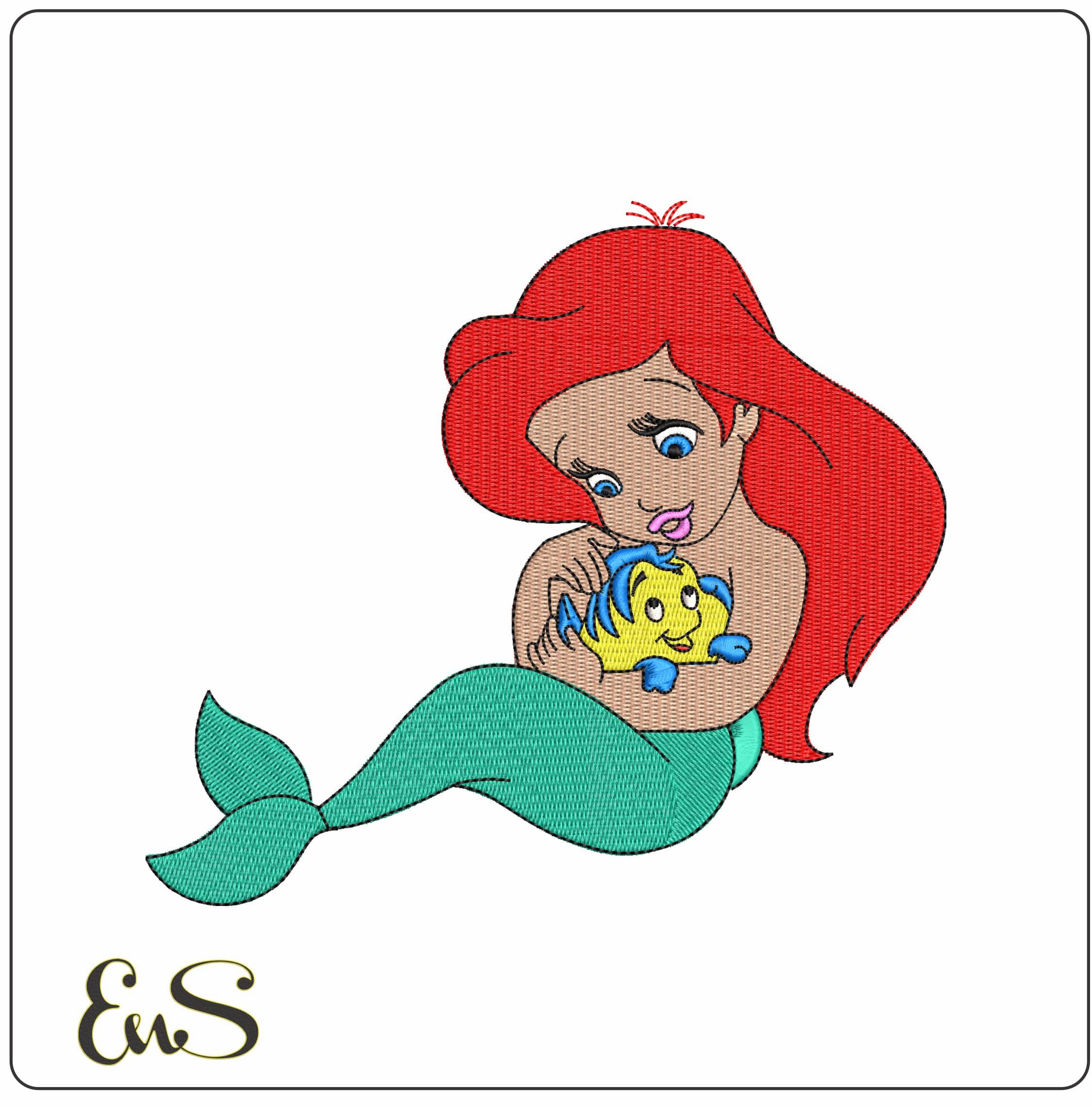 Baby Ariel Mermaid and Flounder Fish The Little Mermaid  - Elegant embroidery design file - instant download