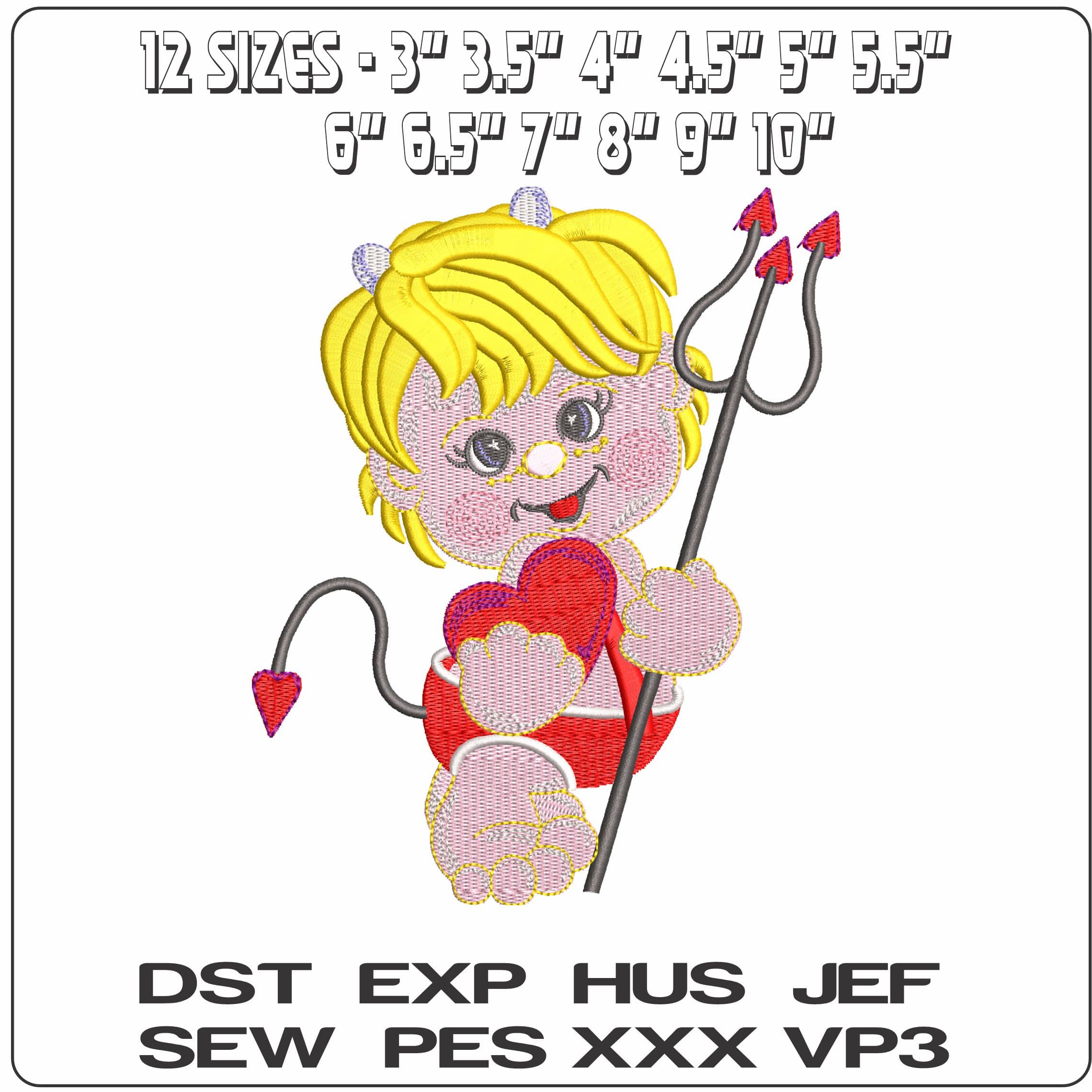 Baby Devil holding Heart   - Elegant embroidery design file - instant download — view 2