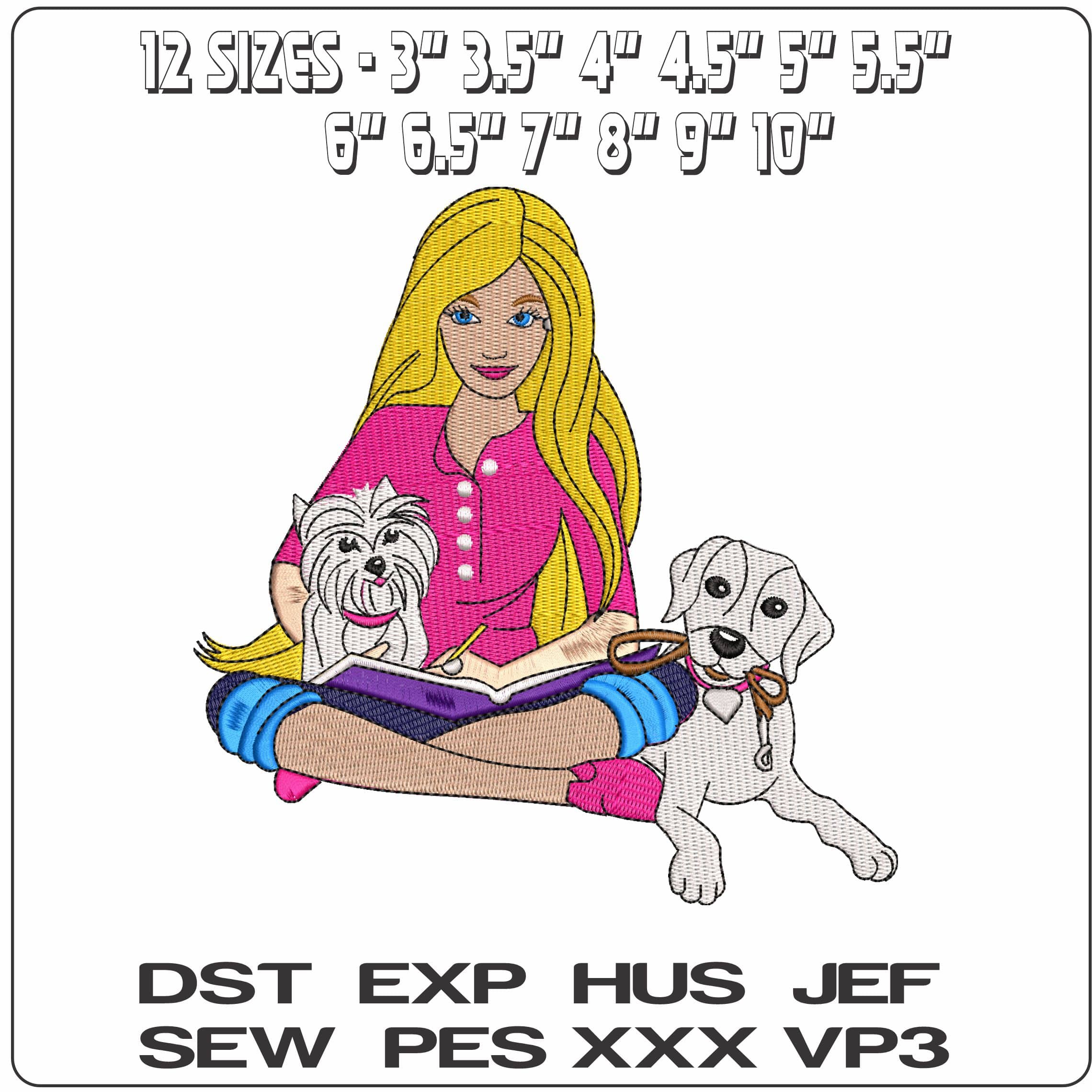 Barbie Sitting with 2 dogs   - Elegant embroidery design file - instant download — view 2