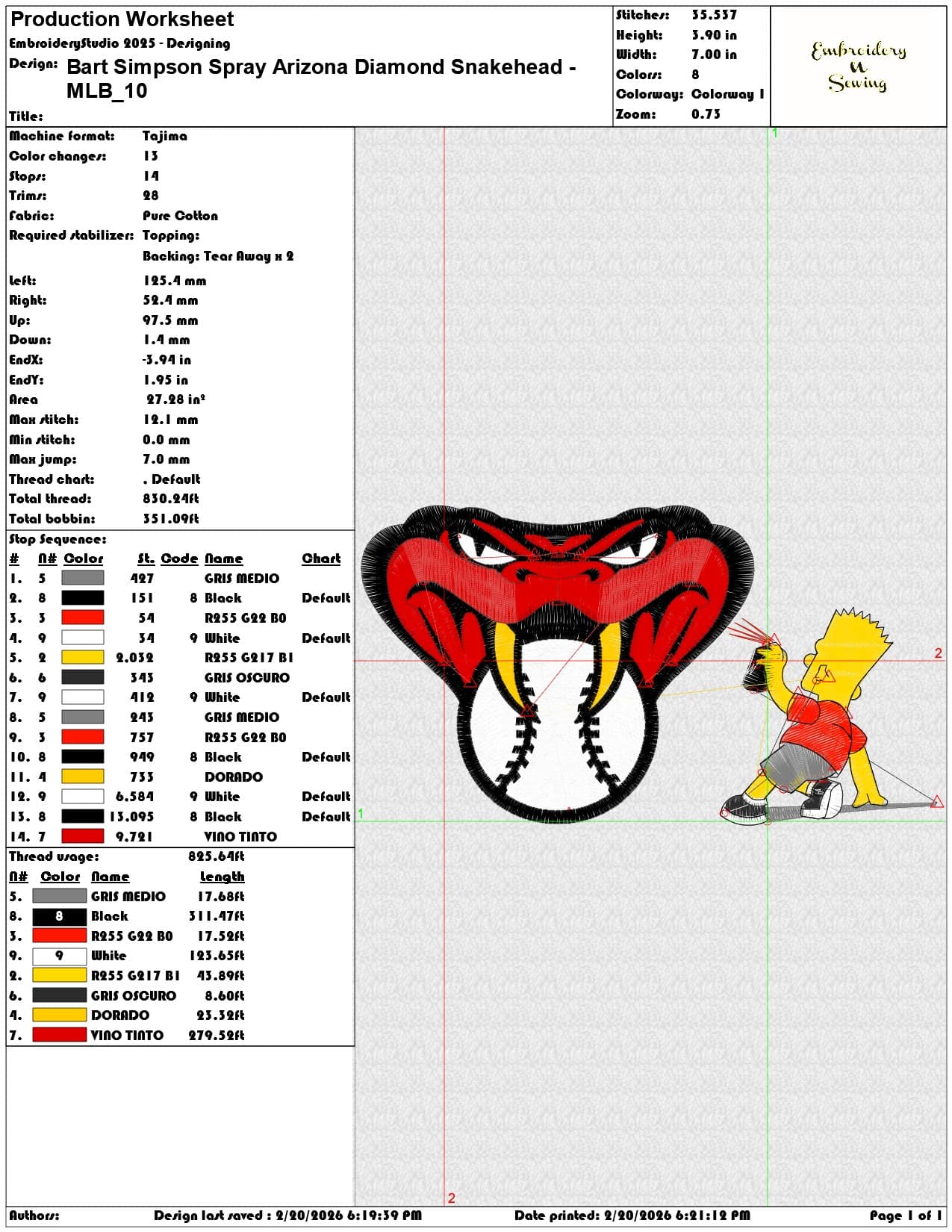 Bart Simpson Spray Arizona Diamond Snakehead MLB   - Elegant embroidery design file - instant download — view 3